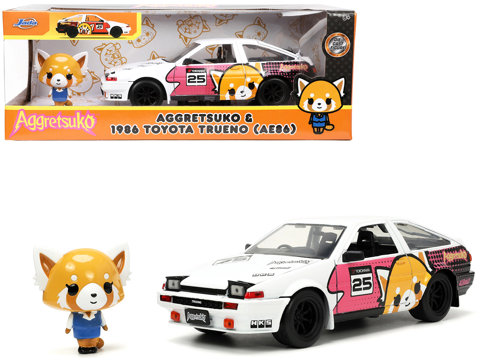 Jada 1986 Toyota Trueno (AE86) RHD (Right Hand Drive) #25 White with Graphics and Aggretsuko Diecast Figure