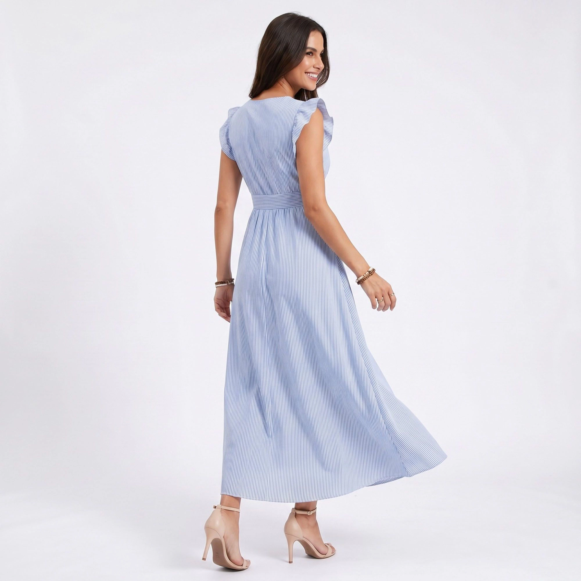 Anna-Kaci Women's Striped Button Front Flutter Sleeve Midi Dress
