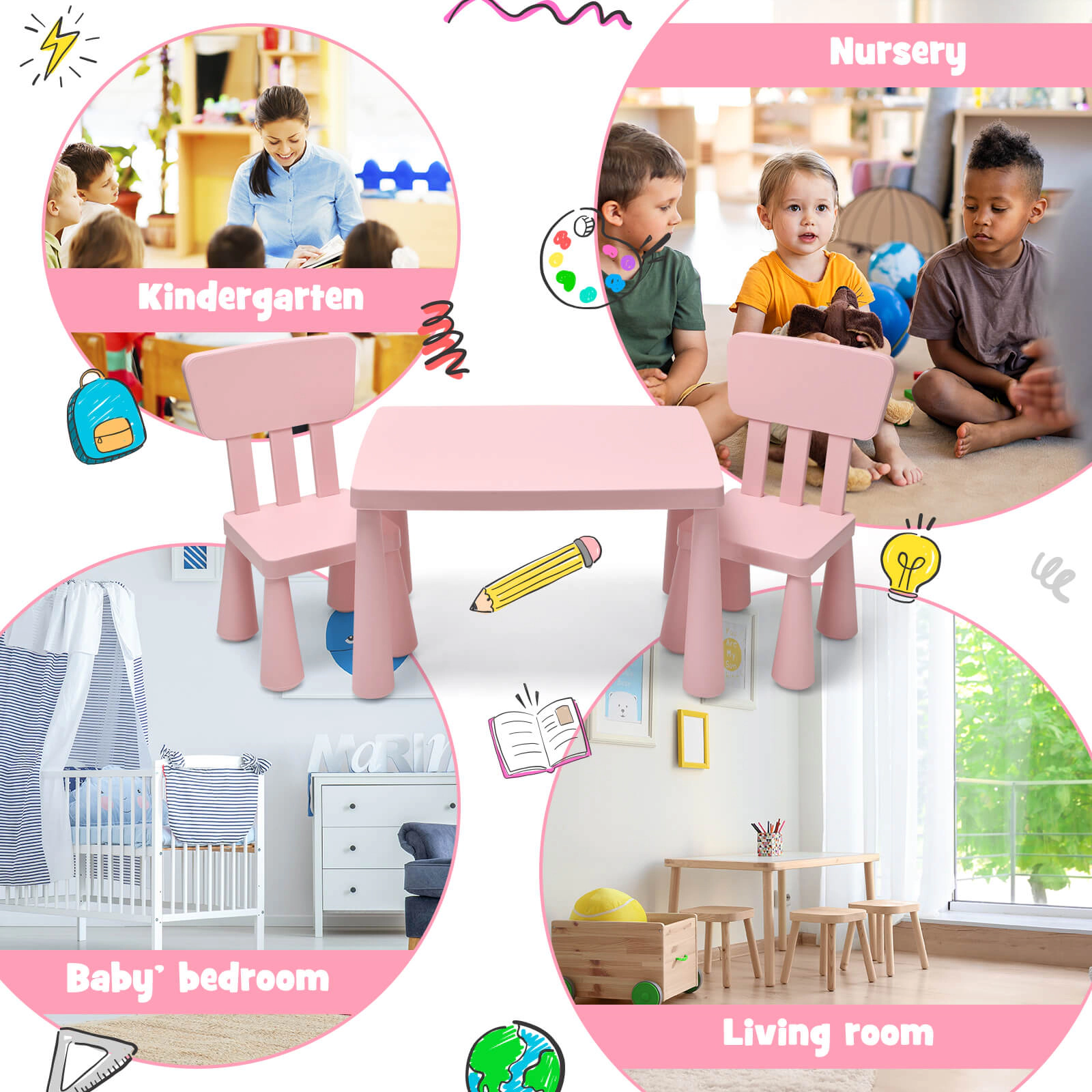 SUGIFT Toddler Multi Activity Play Dining Study Kids Table and Chair Set 110-lb Capacity Ages 1-7 Pink