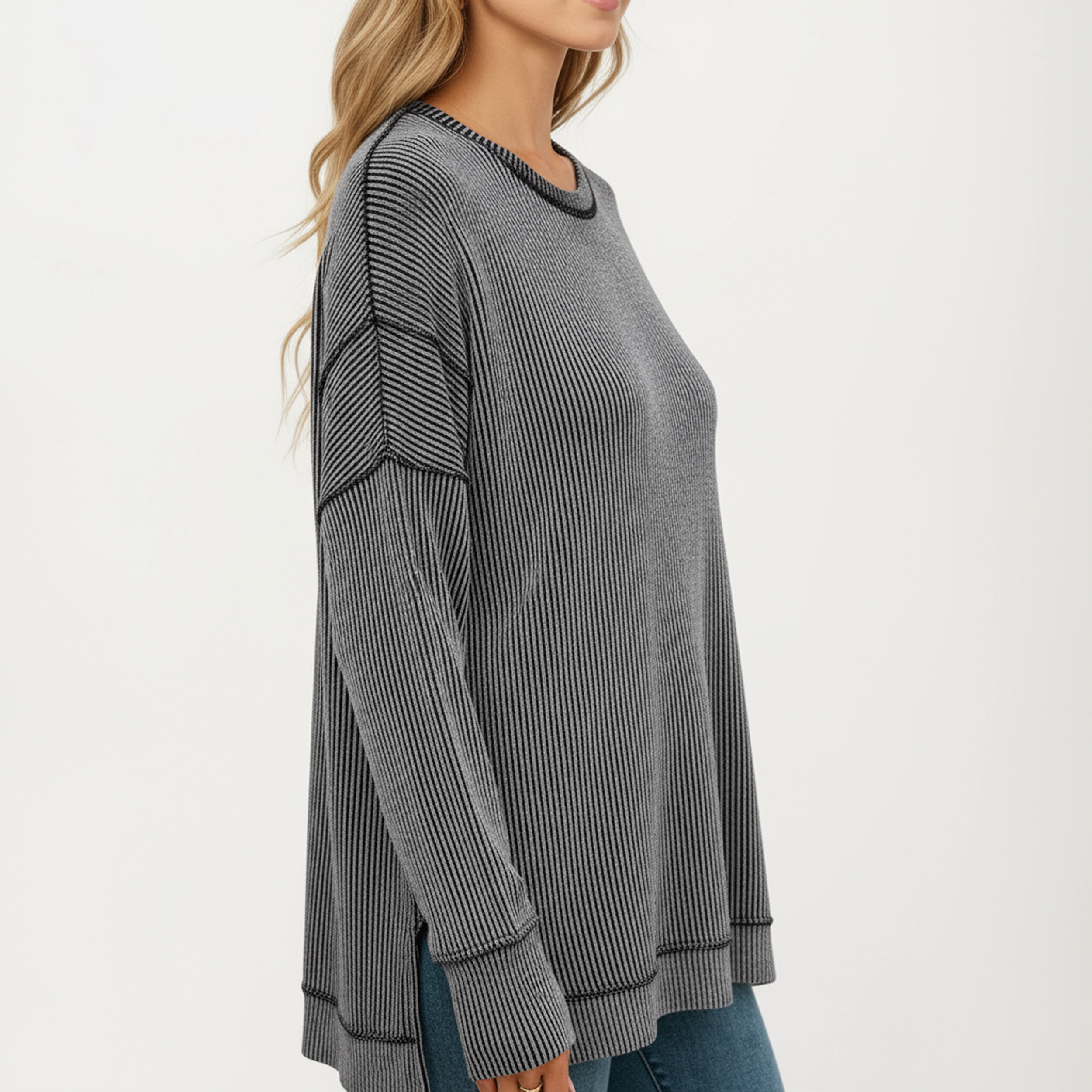 Anna-Kaci Women's Ribbed Side Slit Crew Neck Long Sleeve Pullover Knit Top