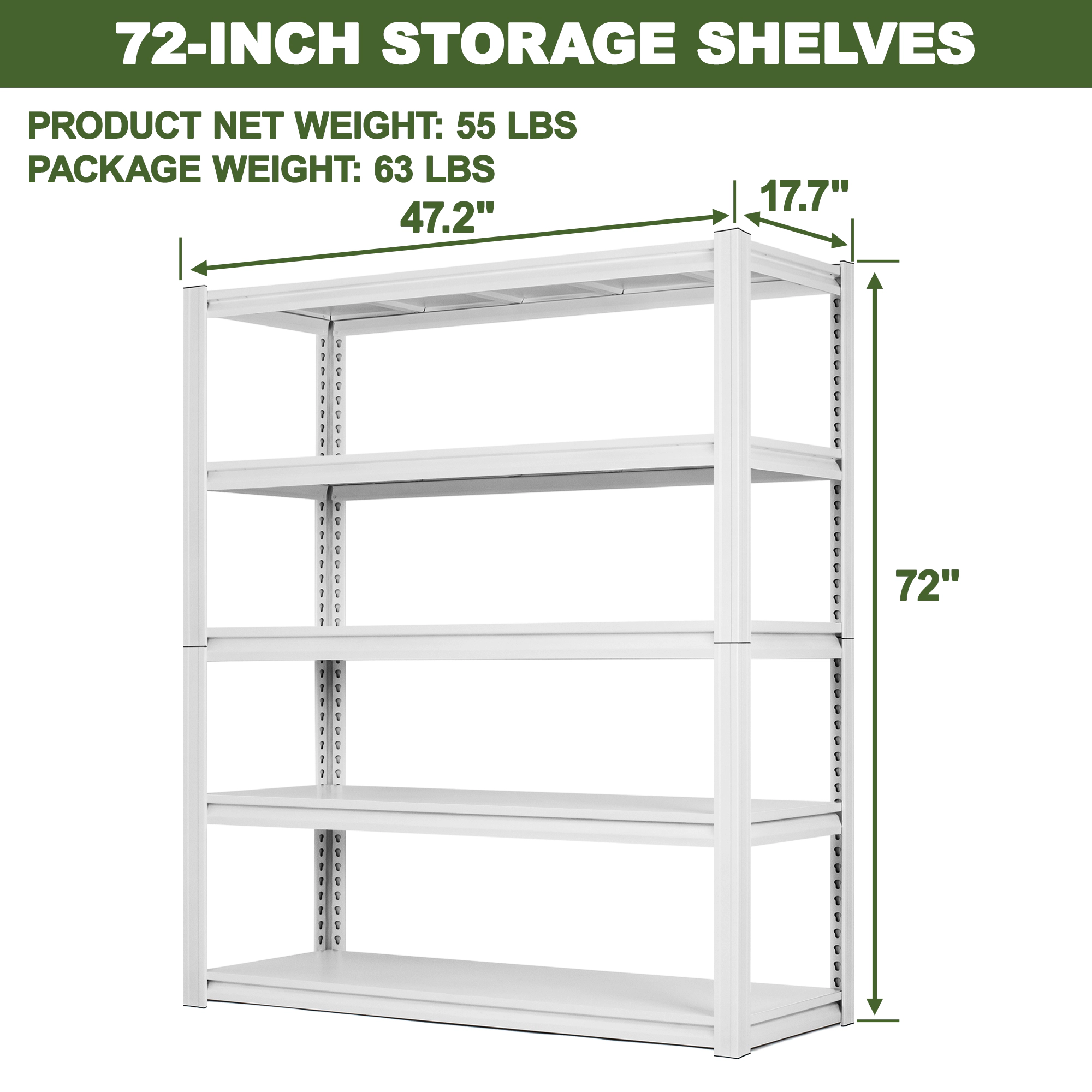 Flynama 5-Shelf Garage Kitchen Pantry Shelving, Heavy Duty Steel, White (47.2"W x 72"H x 17.7"D)