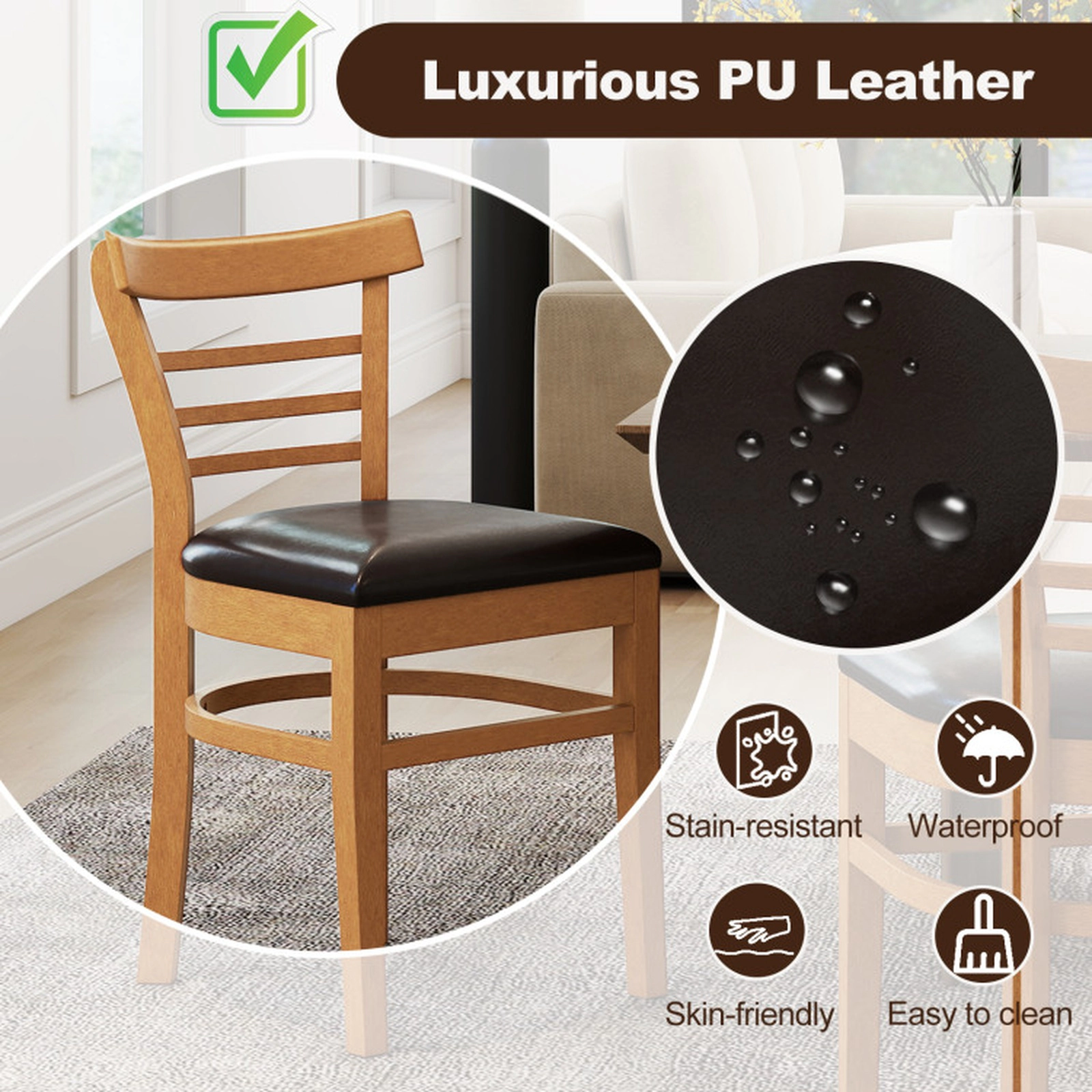 SUGIFT Set of 2 Wooden Dining Chairs with Rubber Wood Legs 400-lb Capacity 19-in Seat Height Brown and Black