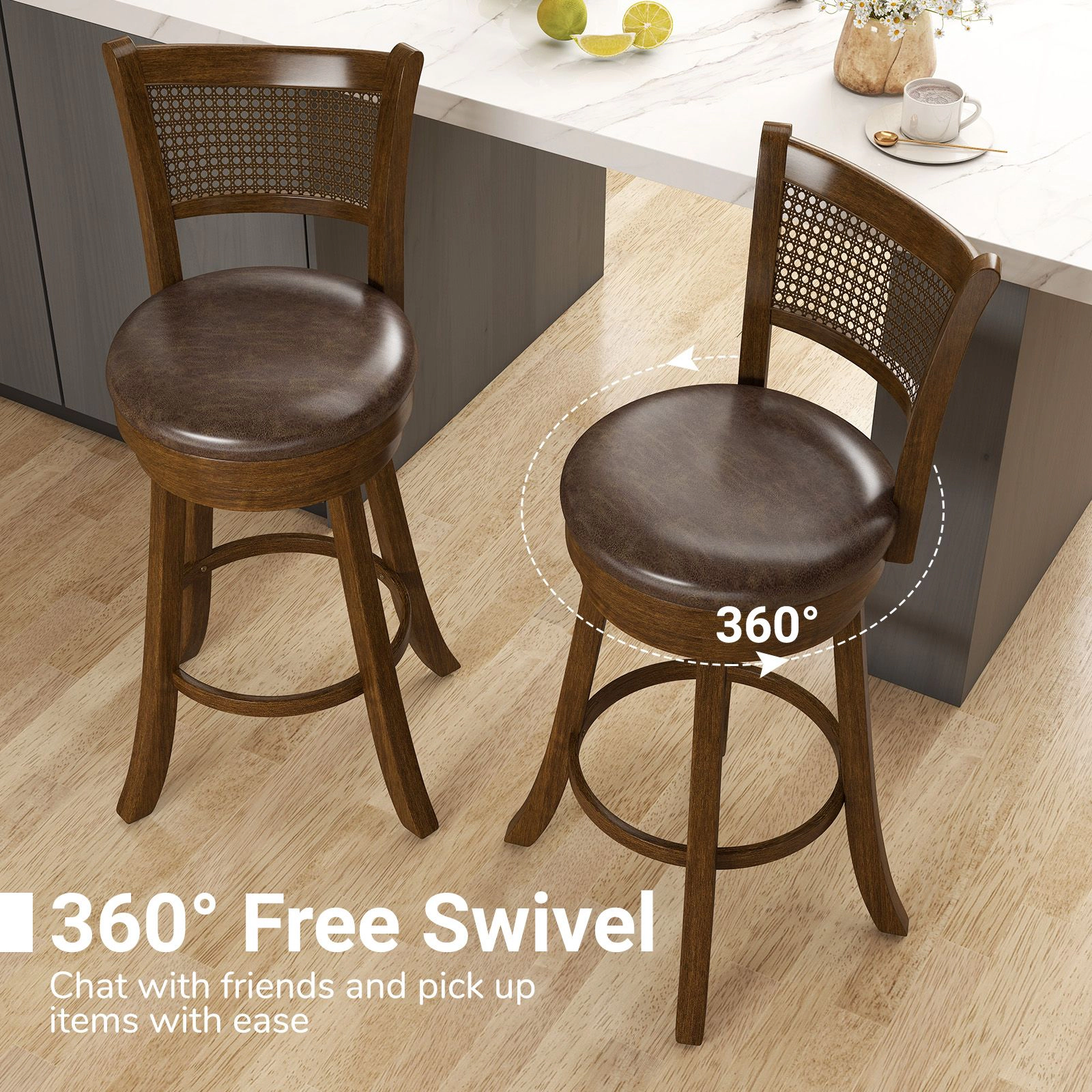 SlickBlue High Dining Chairs with Leathaire Seat, Footrest and Rattan Backrest