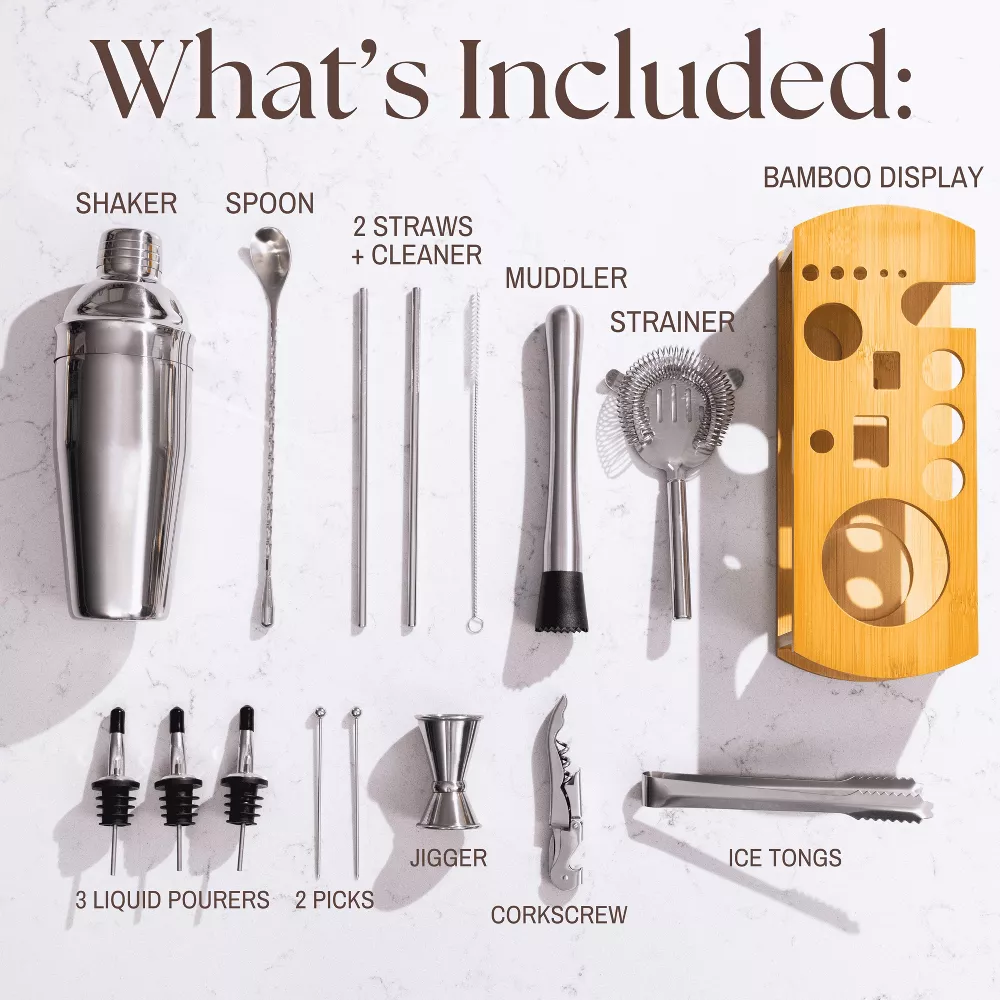 Luminuxe Cocktail Shaker Set Bartender Kit w Stylish Bamboo Stand 16 Piece Barware Mixing Tools, Bartending Kit Gift Set