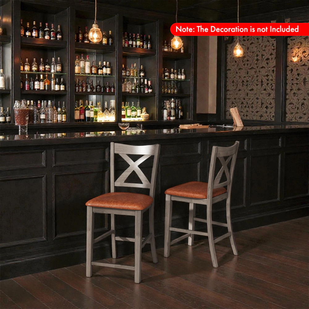 Hivvago Set of 2 Counter Bar Chairs with Cross Back Design and Faux Leather Cushioned Seats