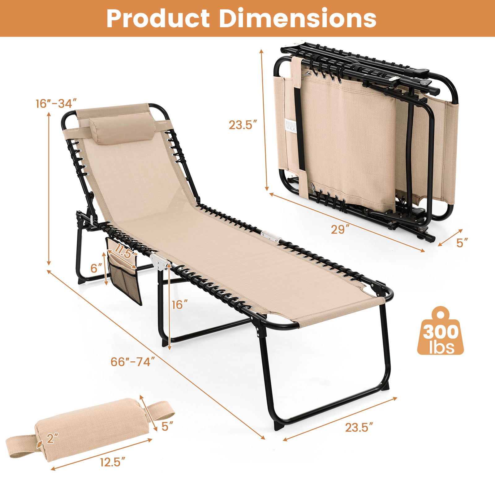 SUGIFT Foldable Recline Lounge Chair with Adjustable 4-Position Backrest and 2-Position Footrest 265-lb Capacity Beige