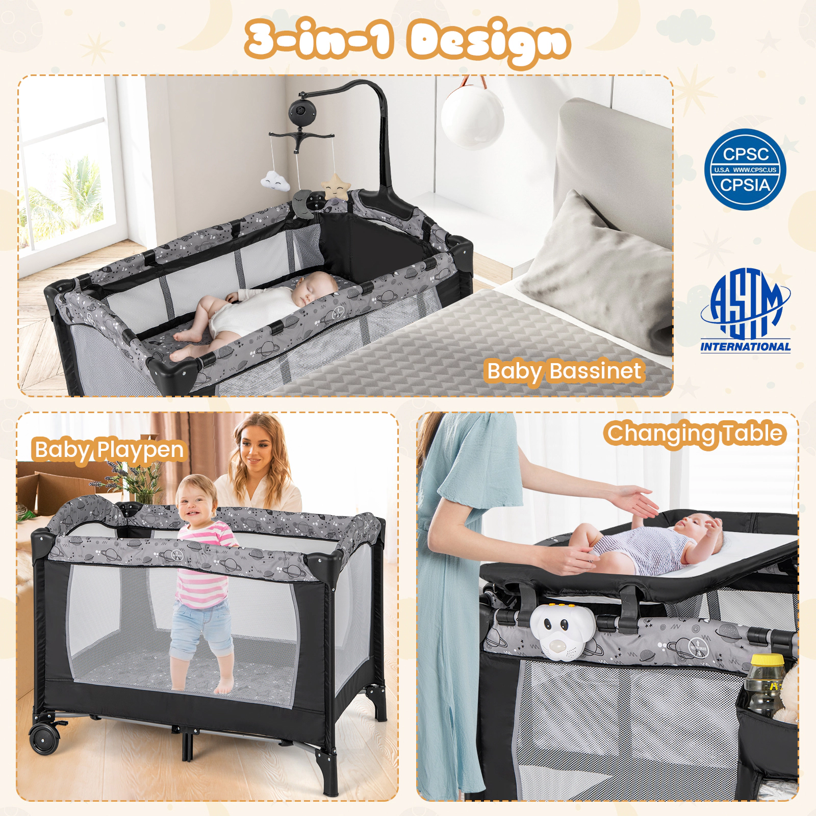SUGIFT Baby 3-in-1 Bassinet Diaper Changing Table Music Box Foldable Playard 40-in x 28.5-in x 29-in Ages 0-3 Gray