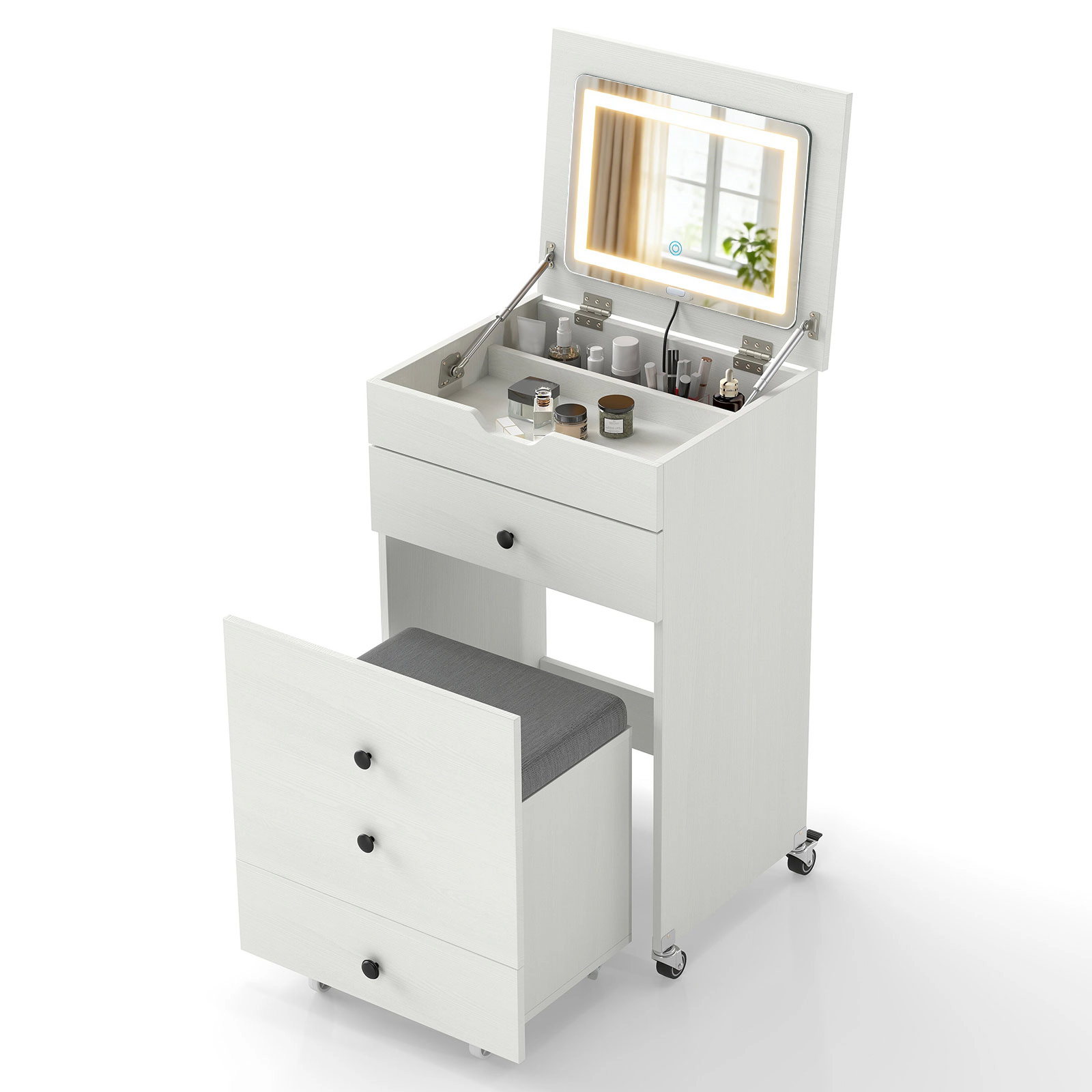 SUGIFT 3-in-1 Vanity Desk Set Flip-Top Lighted Mirror Drawers & Stool 44-lb Tabletop 220-lb Stool 20-in Wide Desk White