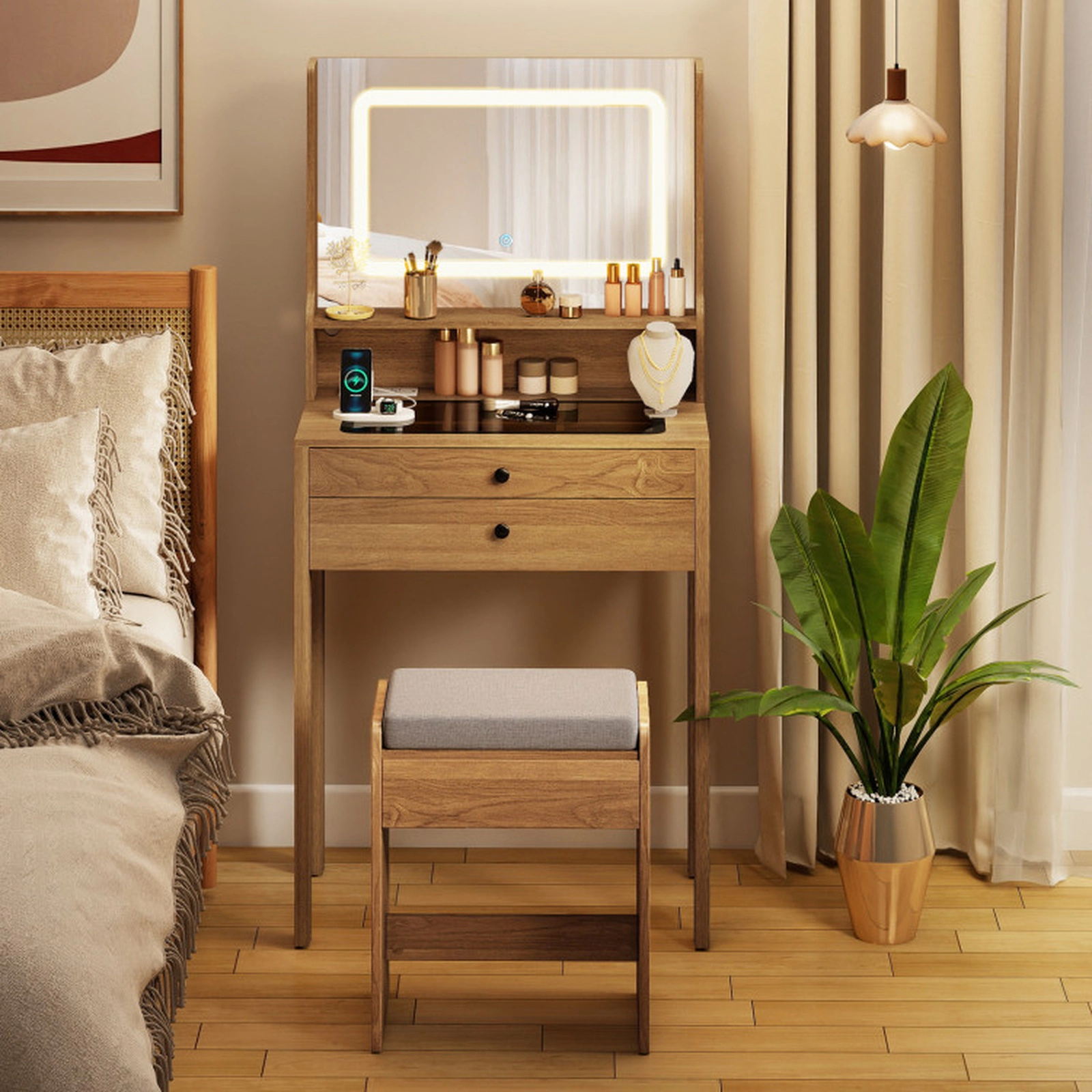 SUGIFT Natural Compact Vanity Desk Set with Lighted Mirror, 2 Drawers and Cushioned Stool
