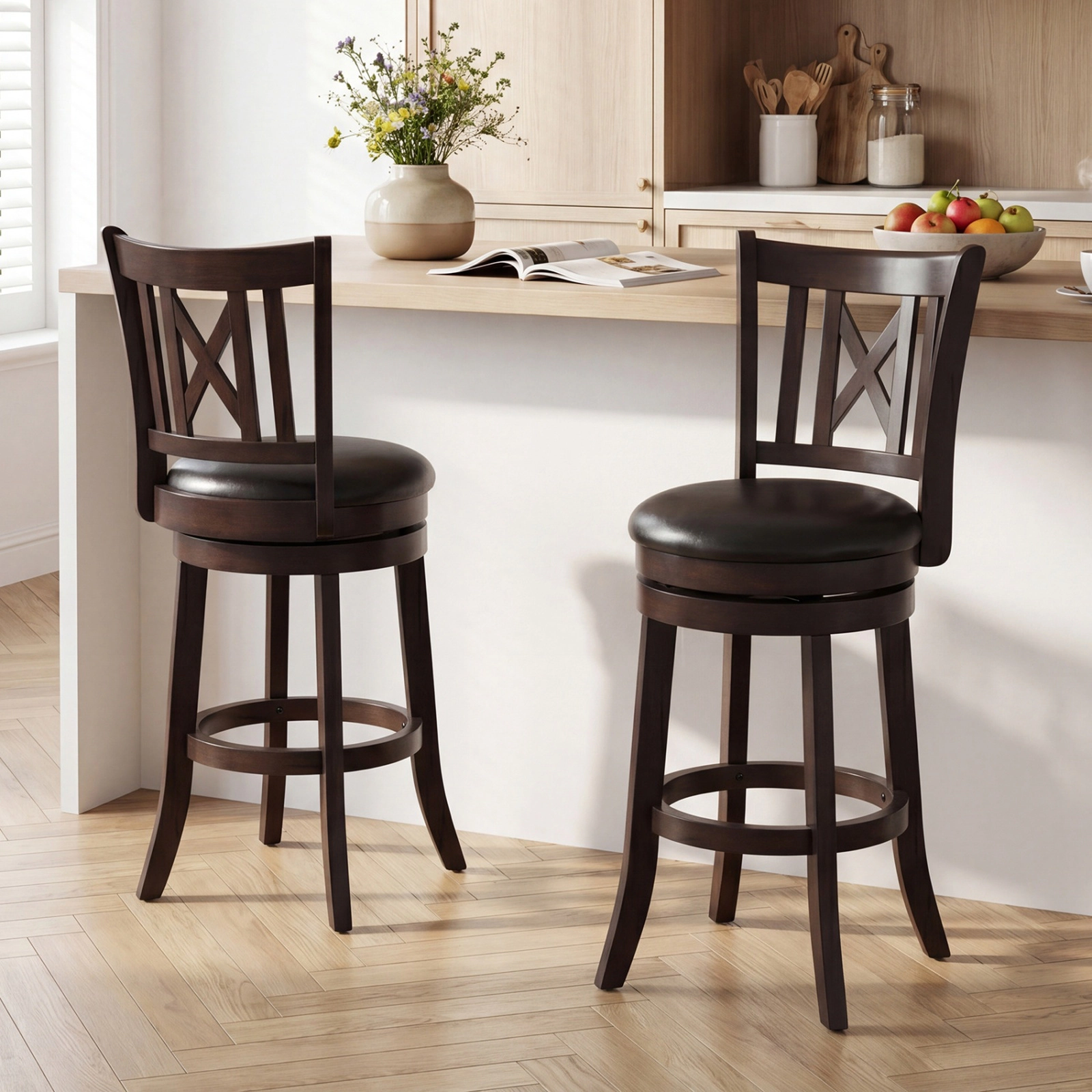 SUGIFT Set of 2 26-Inch Dark Chocolate Swivel Counter Stools with Contoured Backrests
