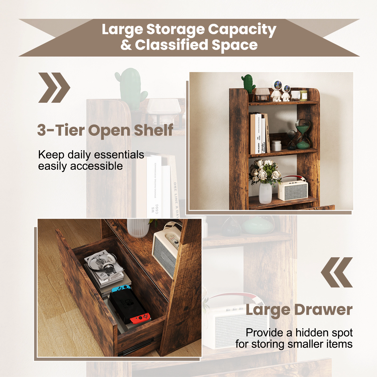 SUGIFT Rustic Brown Freestanding Bookshelf with 3-Tier Open Shelf and Pull-Out Drawer
