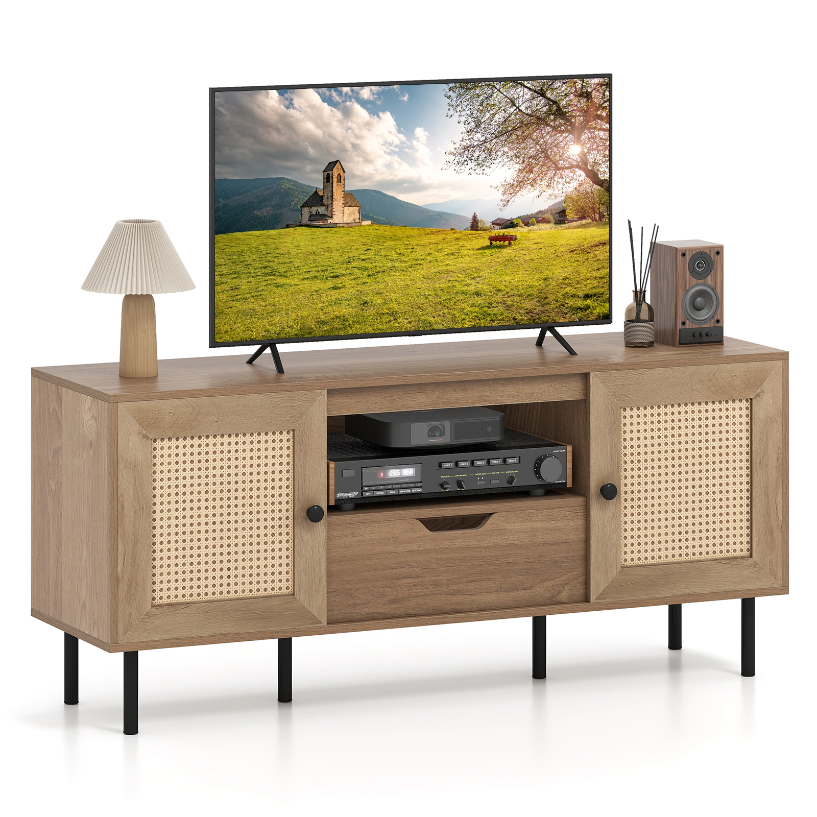 LJG Boho TV Stand for 60 Inch TV Entertainment Center with Cabinets and Storage Shelf