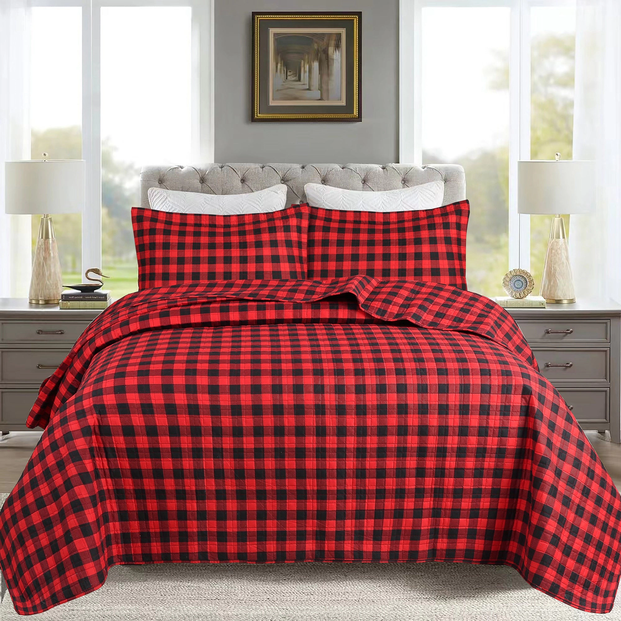 MarCielo 3 Piece Buffalo Plaid Christmas Quilt Set – Red Black Checkered Bedspread Set
