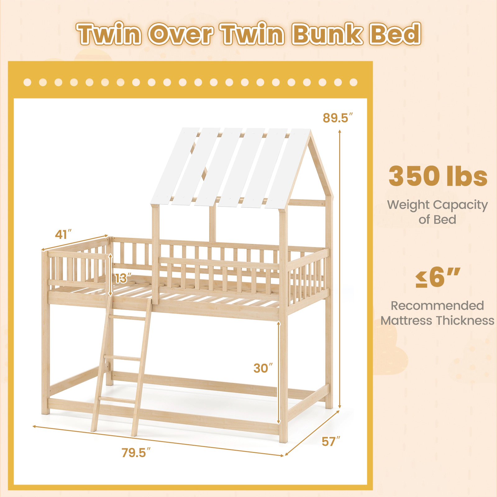 Twin Over Twin House Bunk Bed with Roof and Full-Length Guardrails Solid Pine Wood Kids Bunk Bed Natural