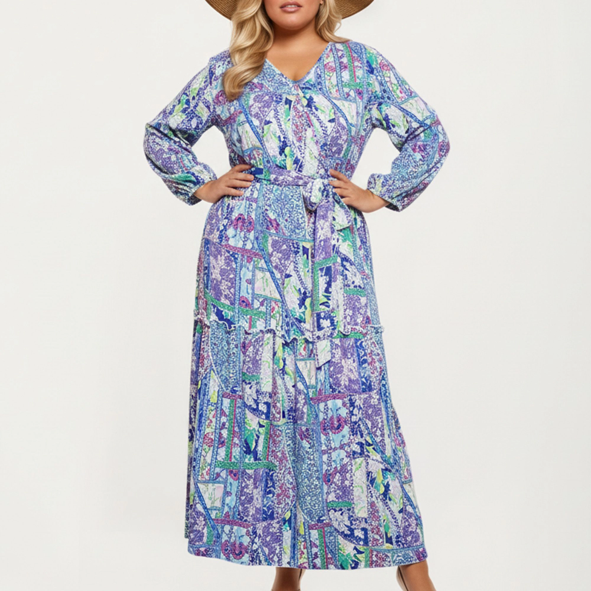 Anna-Kaci Women's Plus Patchwork Print Long Sleeve V Neck Waist Tie Tiered Skirt Maxi Dress