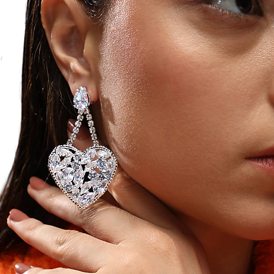 Women's Silver-Plated Heart Drop Earrings with Artificial Stone Accents