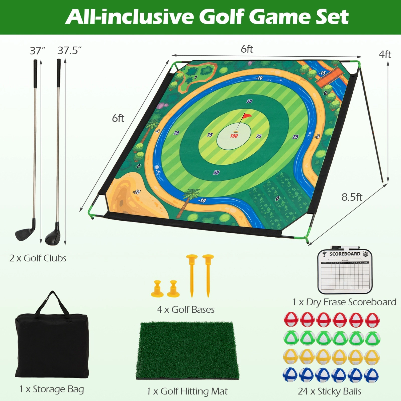 6-ft x 6-ft Golf Chipping Game Set with 24 Sticky Balls Adjustable Target Angle and 2 Clubs Backyard Indoor Outdoor
