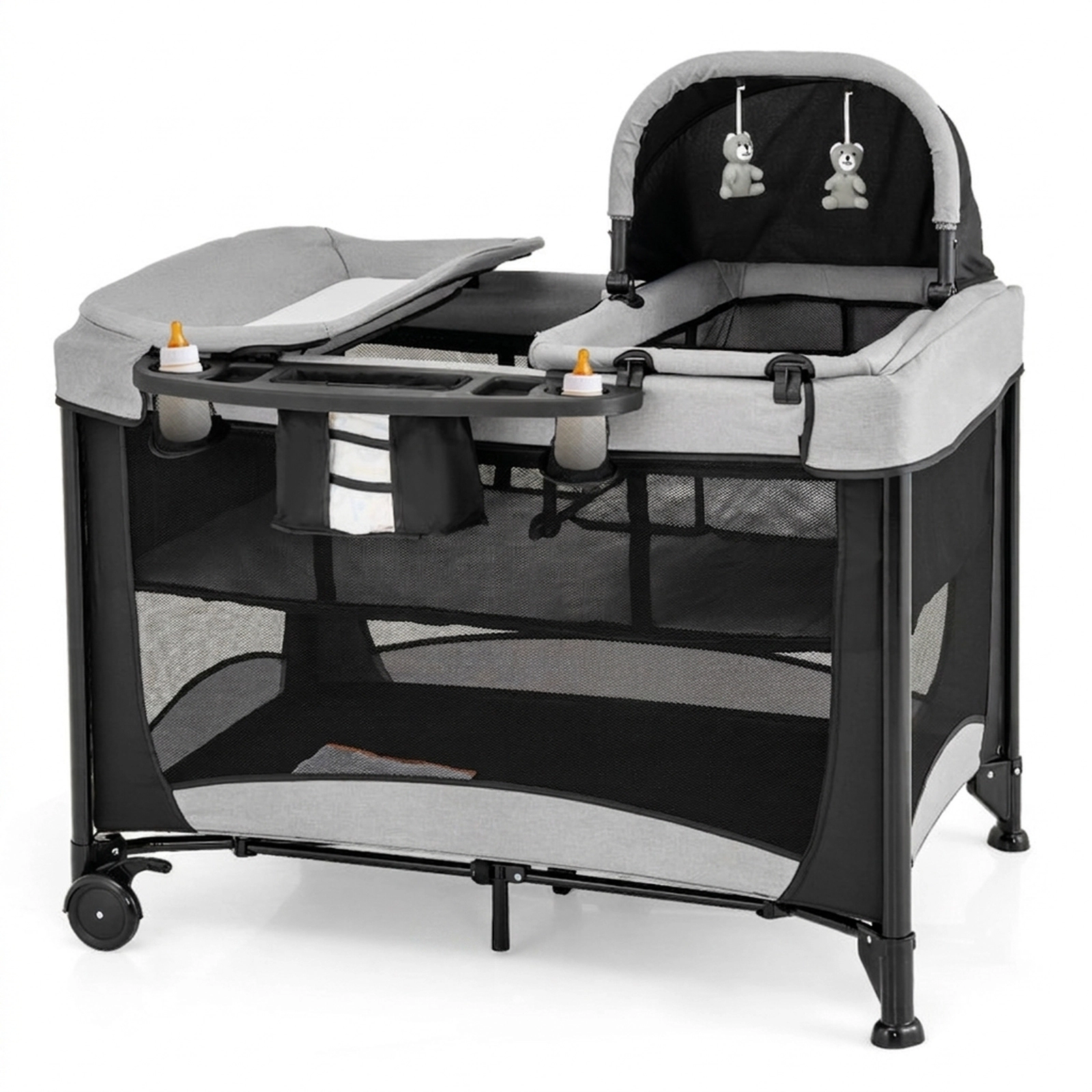 SUGIFT Baby 5-in-1 Removable Cradle Changing Table Storage Basket Playard 43.5-in x 31-in x 31-in 33-lb Capacity Black