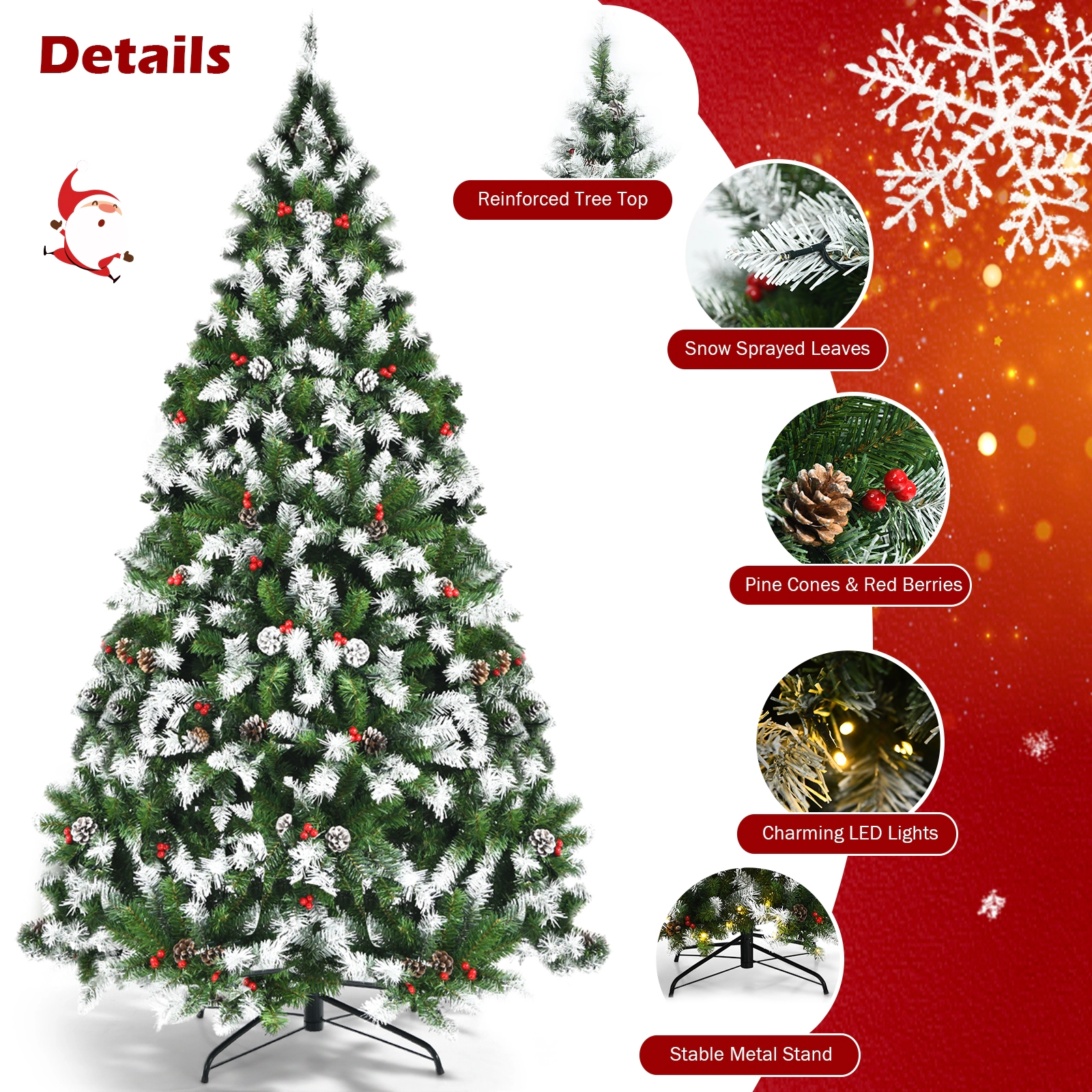 Glintex 6-Ft Flocked Christmas Tree with Red Berries Pine Cones and 250 LEDs, Green