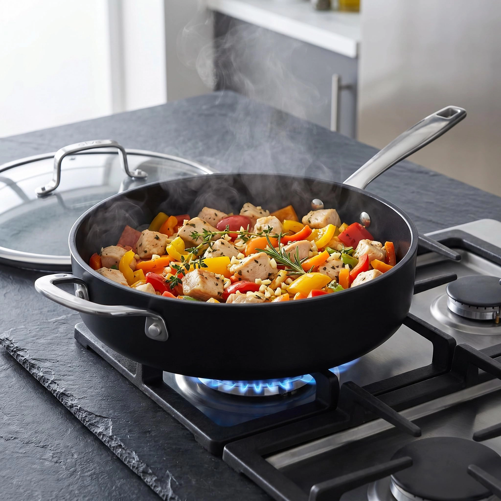 Alva Maestro 4 Qt Ceramic-Coated Aluminum Sauté Pan with Lid, Oven-Safe to 400°F