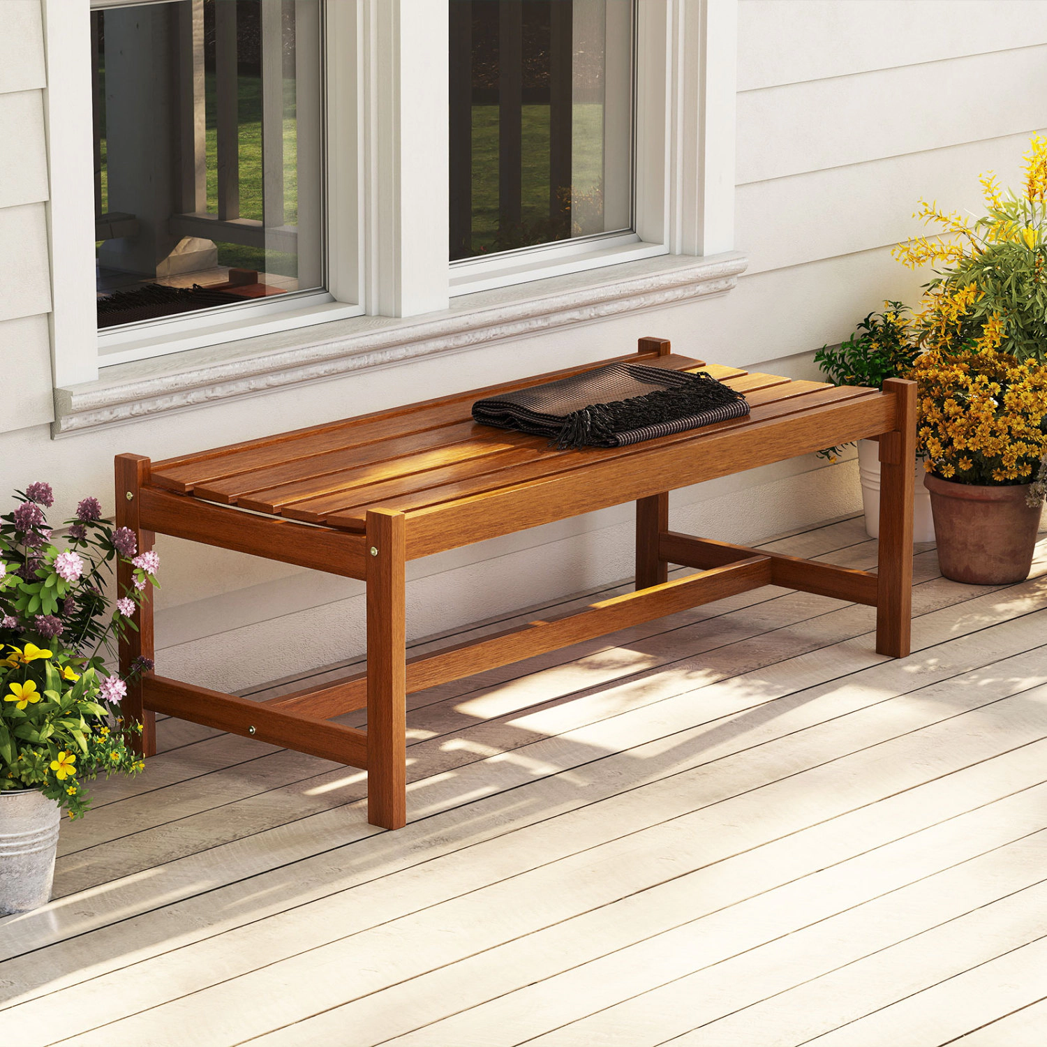 LJG 44" Patio Wood Bench Outdoor Solid Hardwood Dining Bench with Teak Oil Finish