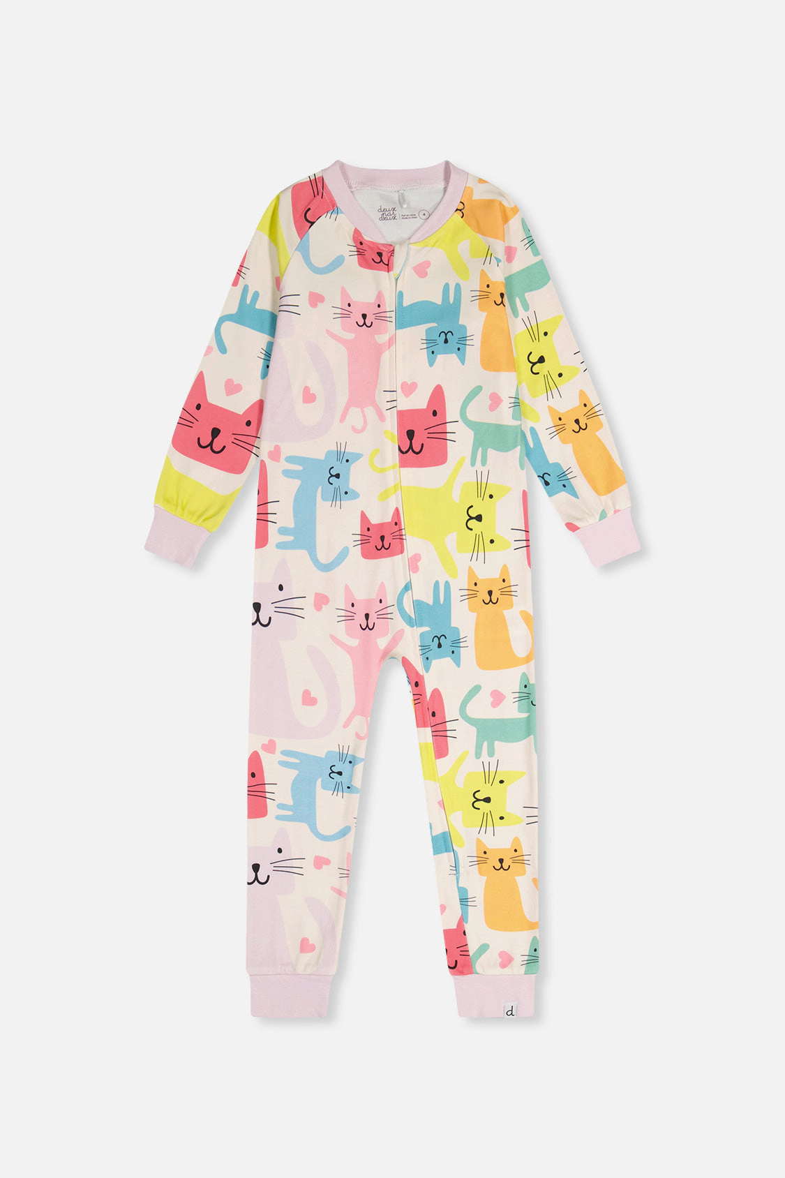 Deux par Girls Organic Cotton Cat Print Front Zip Long Sleeve One Piece Pajama