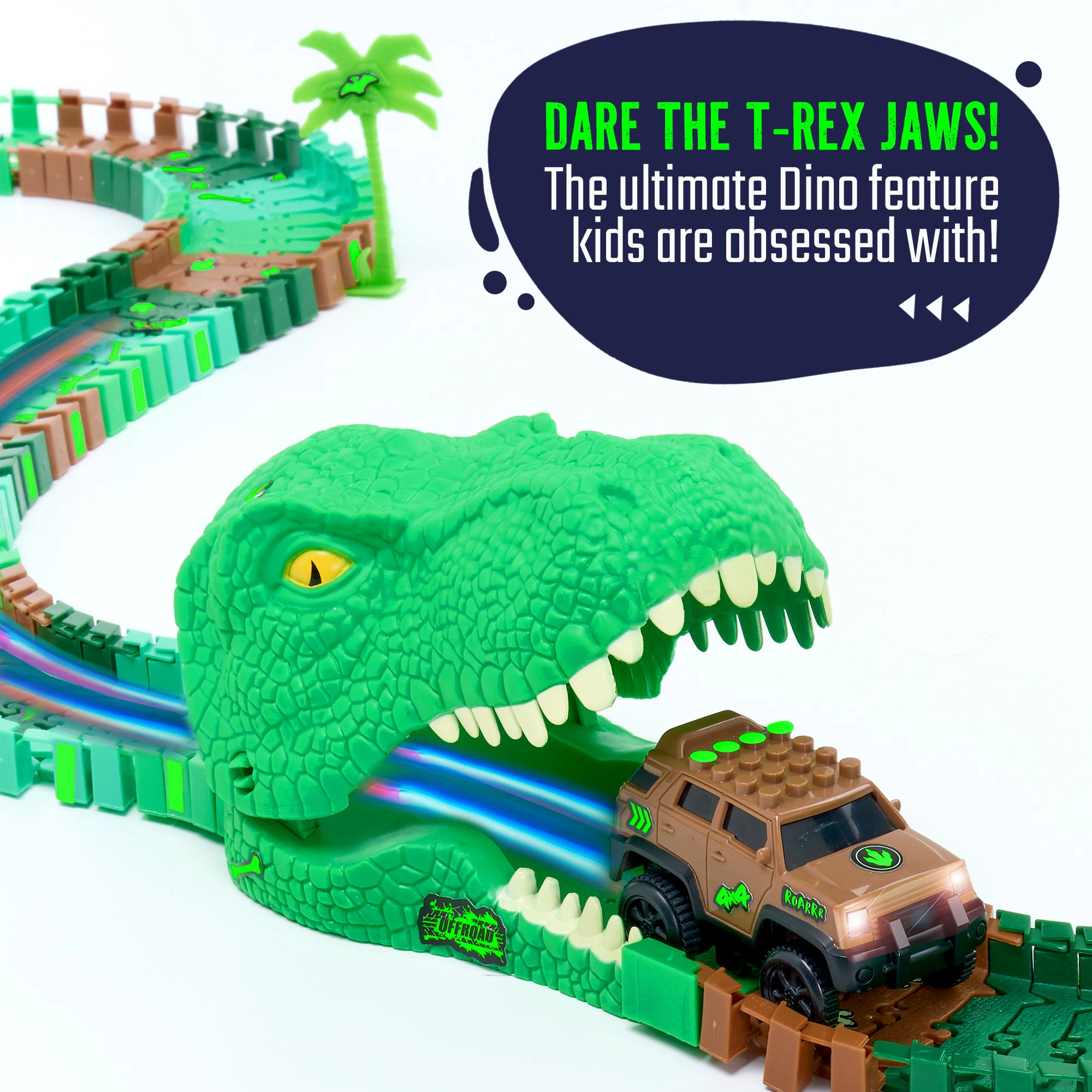 JitteryGit Kids Dino Track Wild Glow-in-the-Dark Race Set - 144-Piece Track with Loop & Dino Tunnel