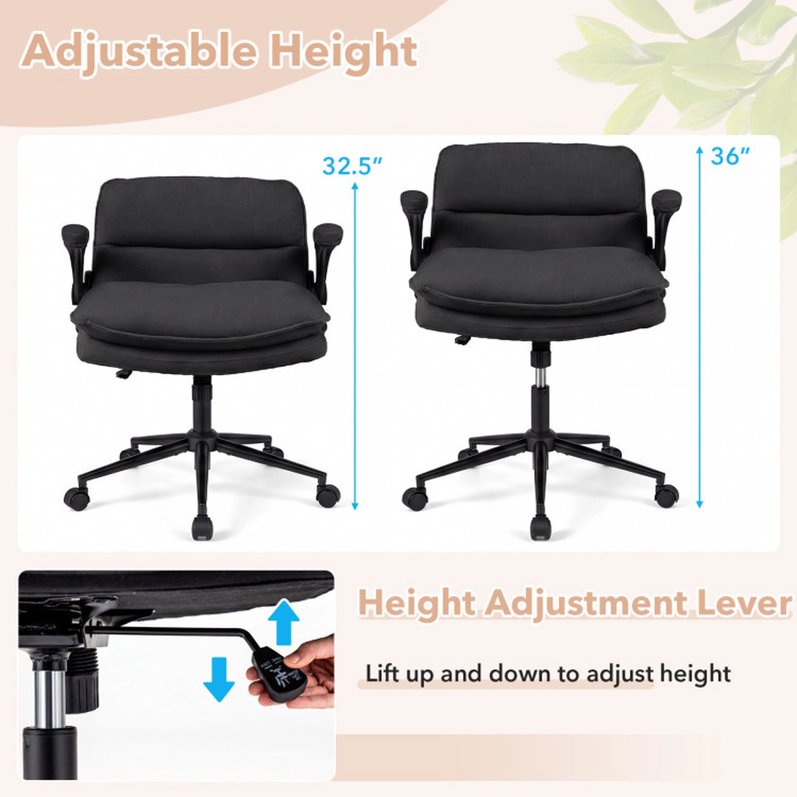 SUGIFT Criss Cross Faux Leather Office Chair on Wheels with Flip-up Arms Adjustable Height 330-lb Capacity Beige/Gray