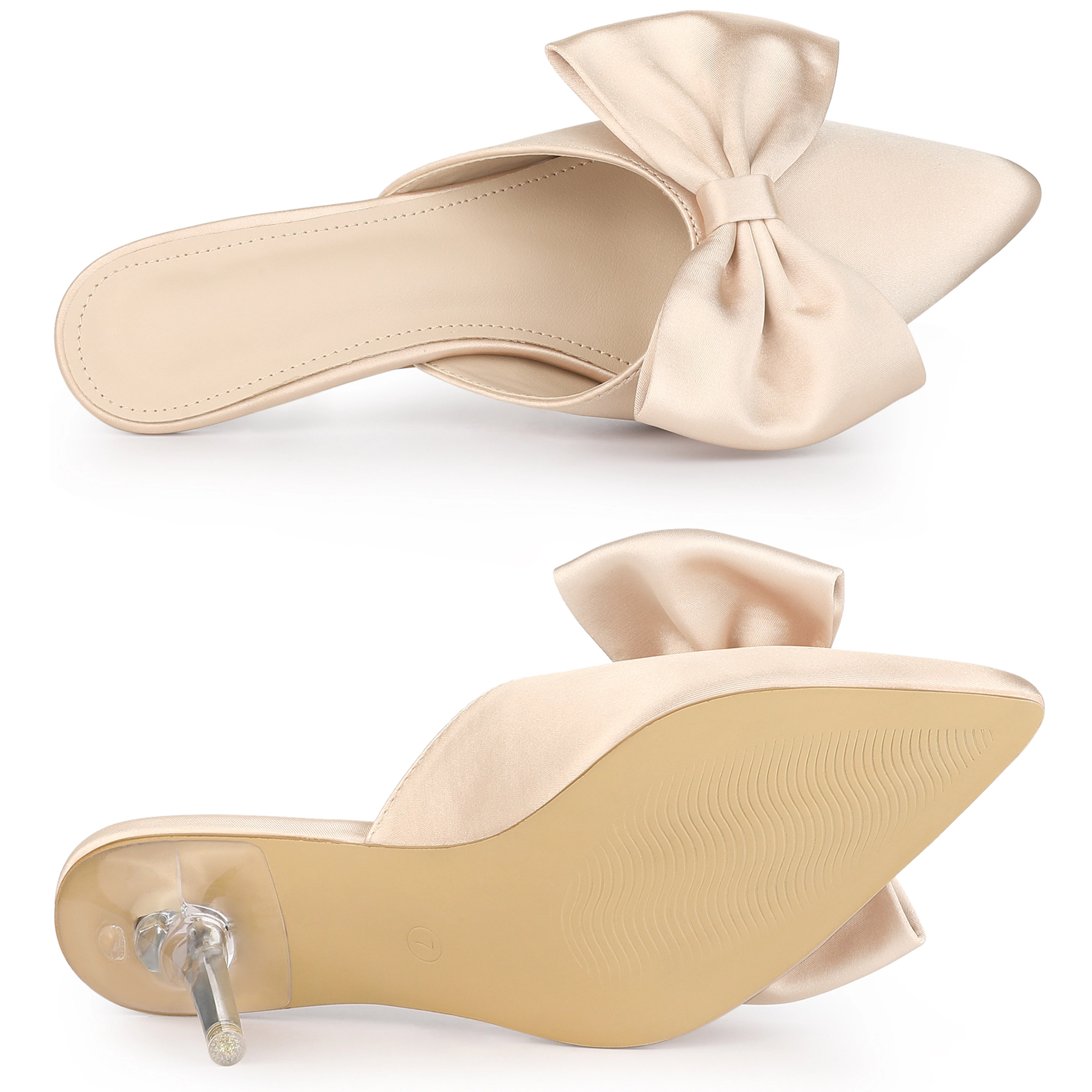 BLISSFUL STEP Women's Satin Pointed Toe Stiletto Heels Bow Decor Mules