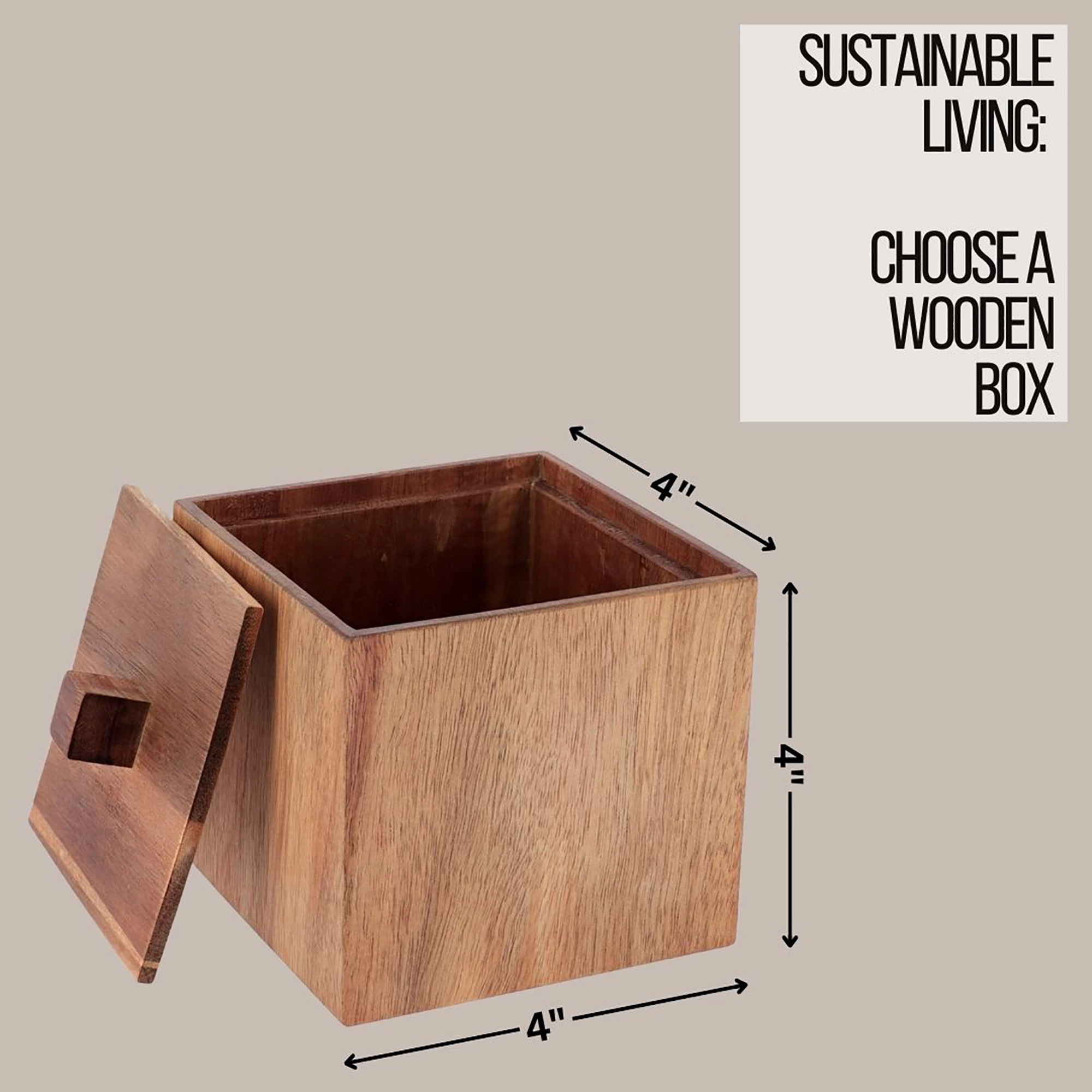 Evideco French Home Goods Acacia Wood Square Storage Box with Lid, 4 in