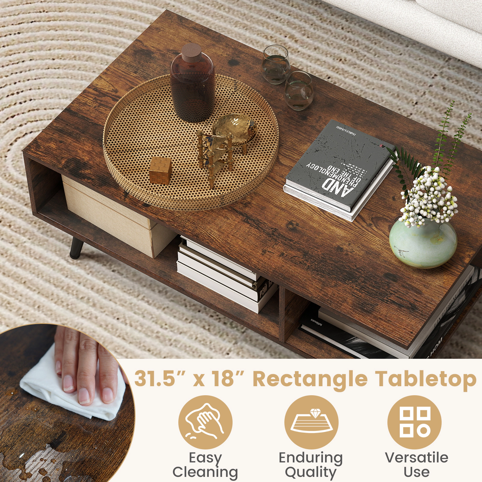 Glintex Mid-Century 31.5-Inch Coffee Table with 2 Open Compartments