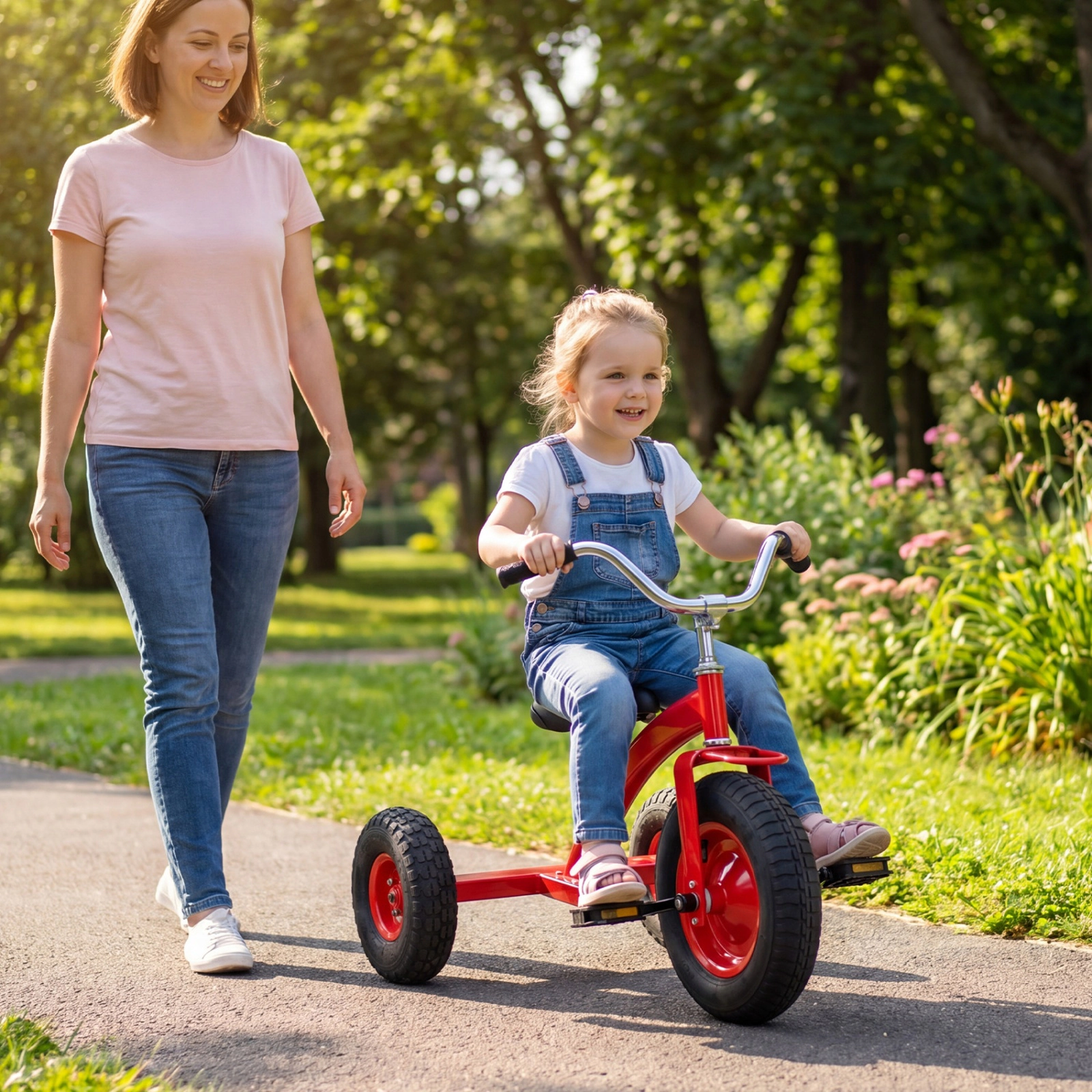 SUGIFT Carbon Steel Kids Tricycle Ride-On with Inflatable Rubber Tires 200-lb Capacity Ages 3+ 33-in Frame Red