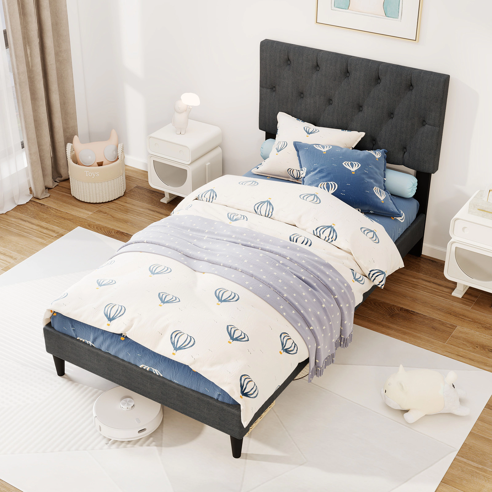 LJG Upholstered Platform Bed with Tufted Headboard and Wooden Slats Gray