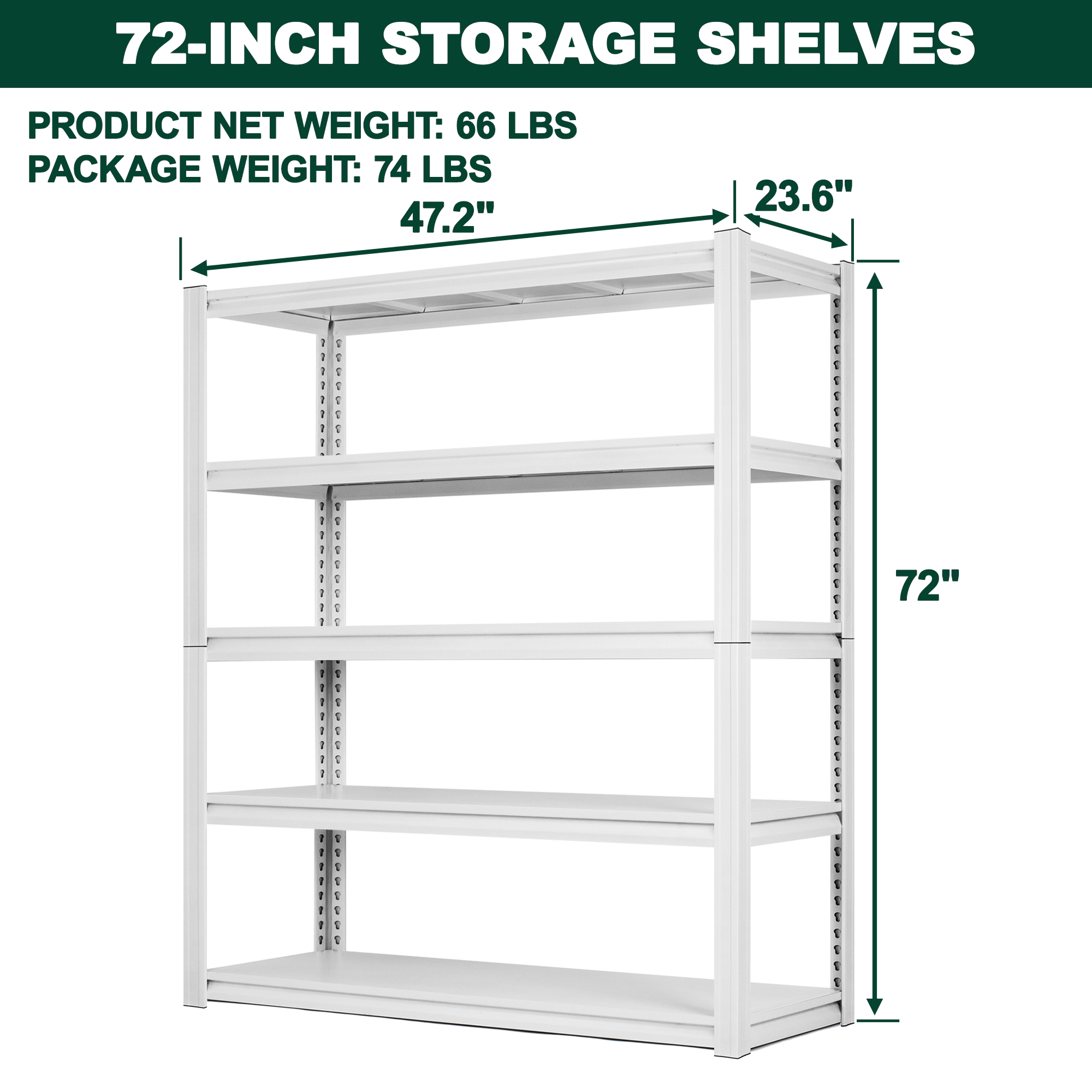 Flynama 5-Tier Boltless Garage Shelving, Heavy Duty Steel, Adjustable, White (47.2"W x 72"H x 23.6"D)