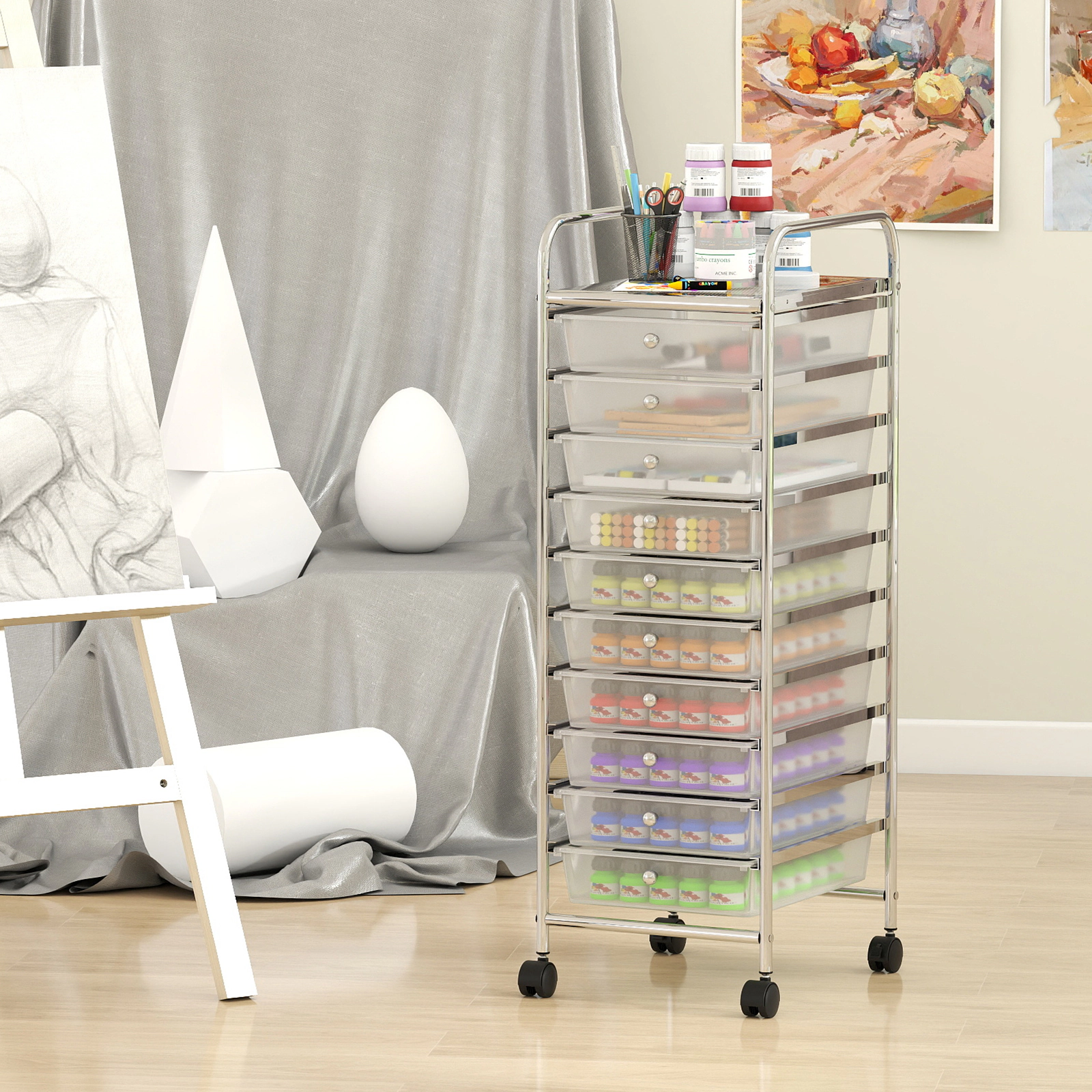 SUGIFT White 38-in 10-Drawer Rolling Cart Office Paper and Classroom Supply Organizer with Metal Frame