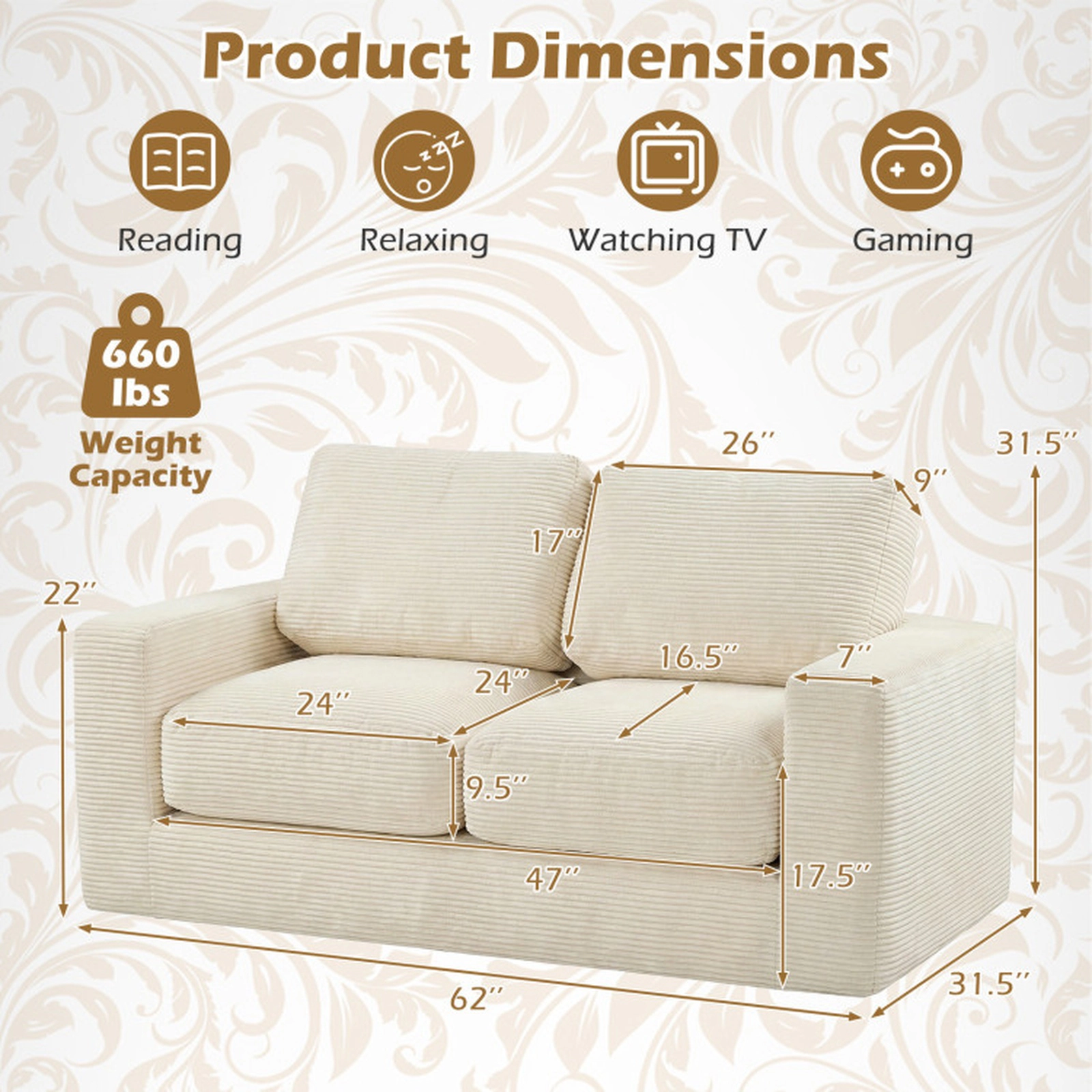 SUGIFT Beige Removable Corduroy Cover 2-Seater Floor Couch Loveseat Foam Sofa
