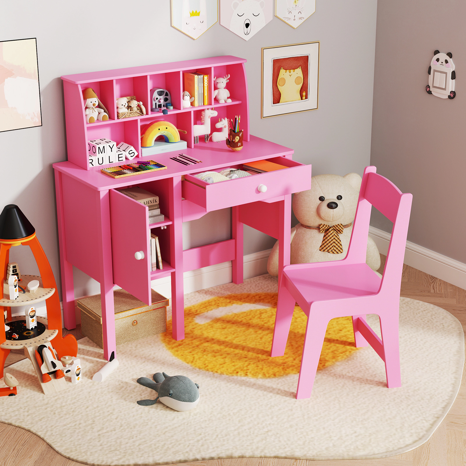 SUGIFT Pink Hutch Side Cabinet and Anti-Toppling Device Kids Study Desk and Chair Set