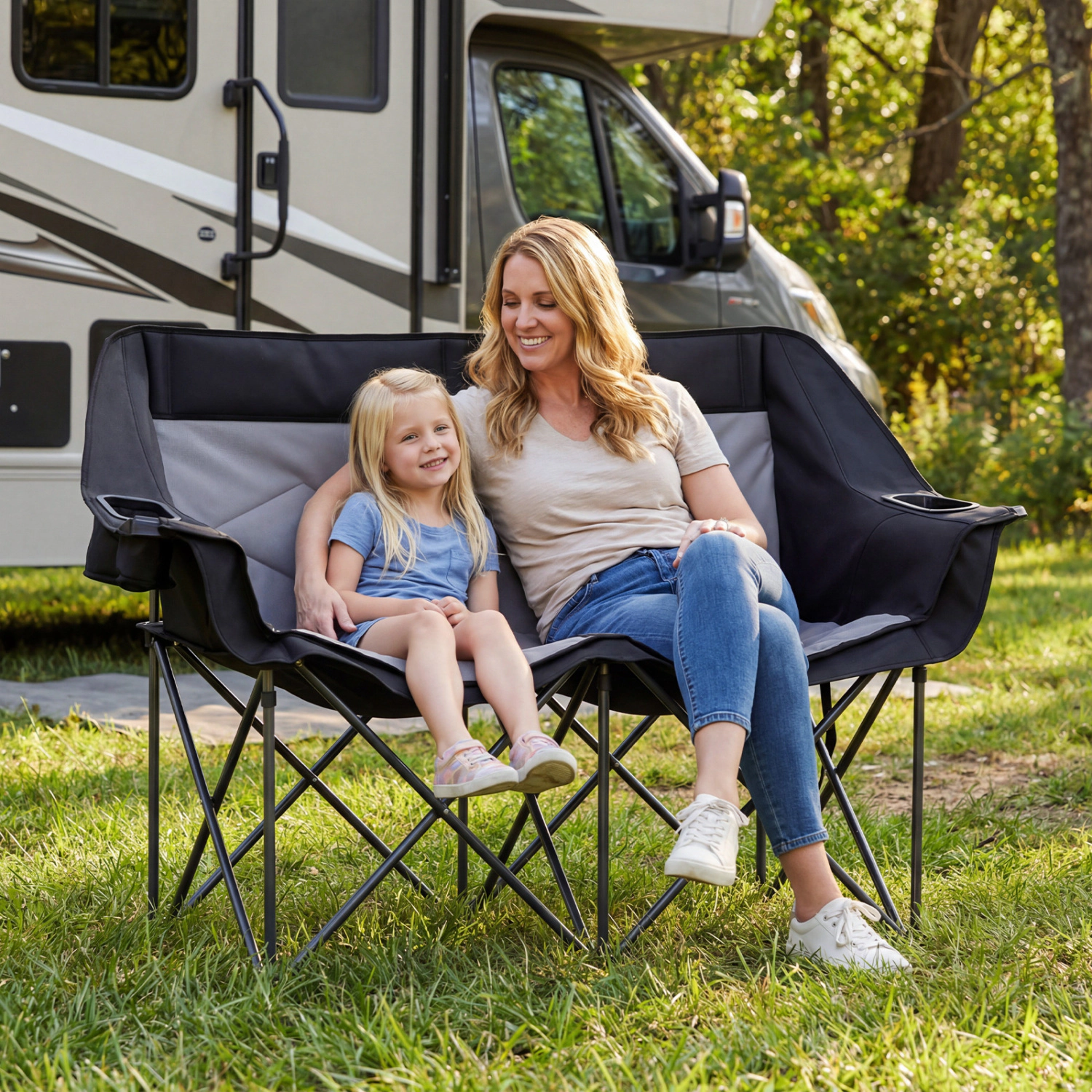 LJG Double Camping Chair with Cup Holders Glass Racks and Mesh Pockets