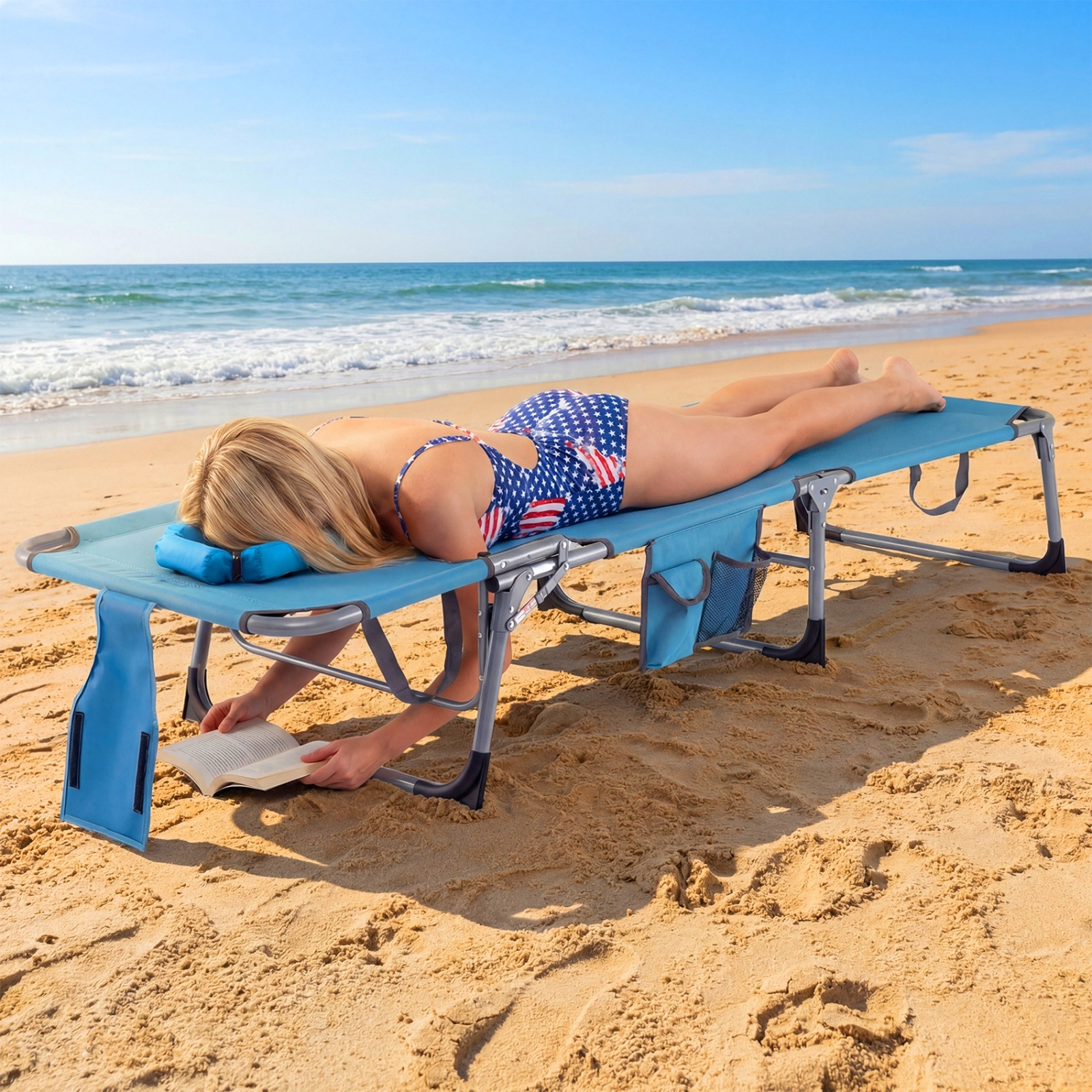 SUGIFT Folding Tanning Lounge Chair, Adjustable Recliner with Face and Arm Slots, Navy