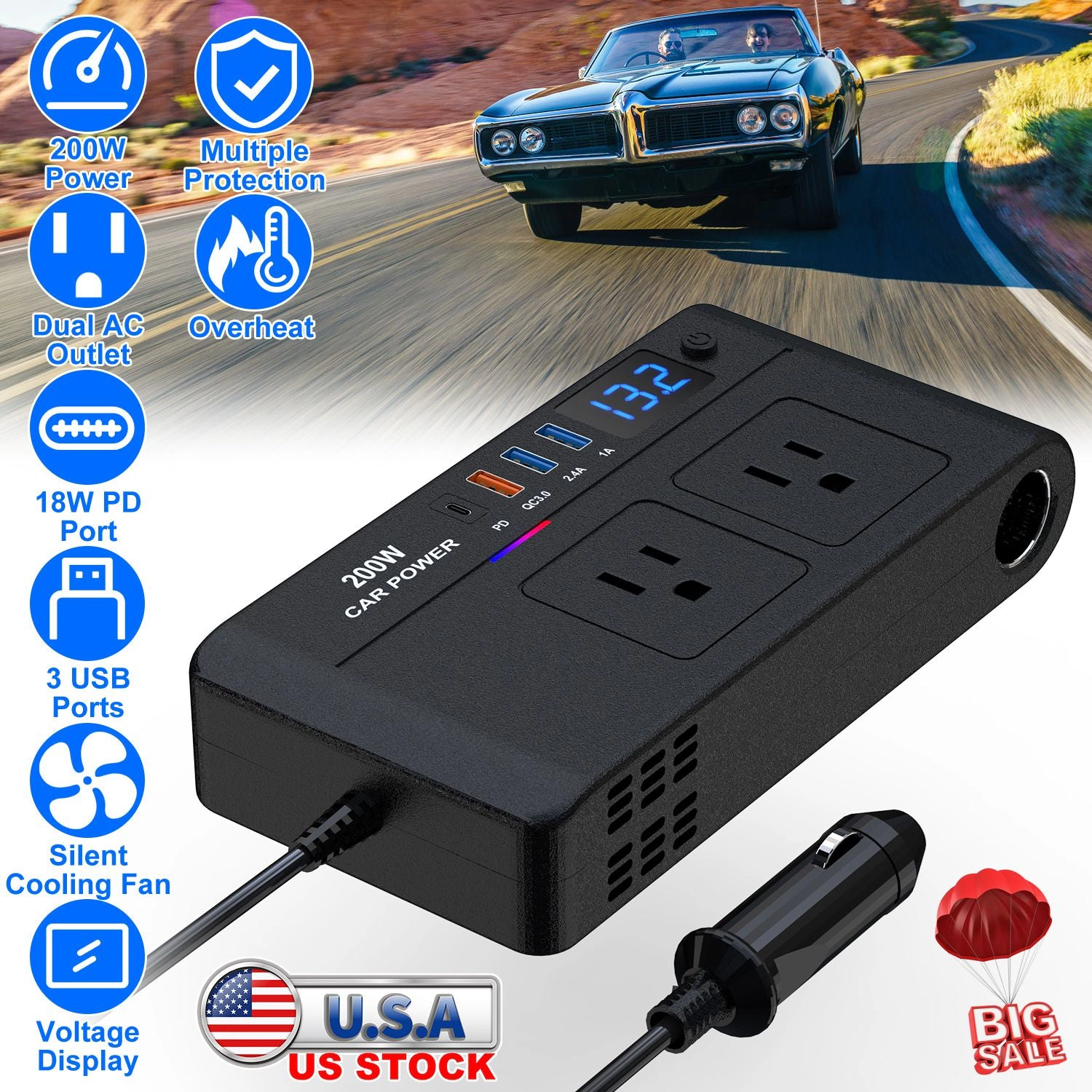GBruno 200W Car Power Inverter DC 12V To AC 110V