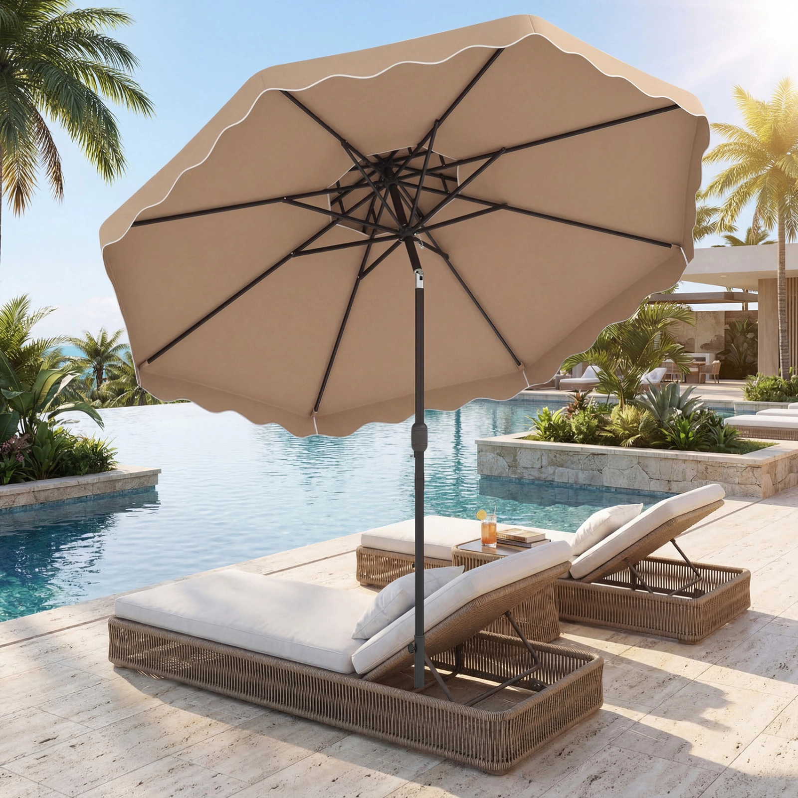 SUGIFT Coffee 9 ft Patio Umbrella with 2-Tier Vented Top and Push Button Tilt