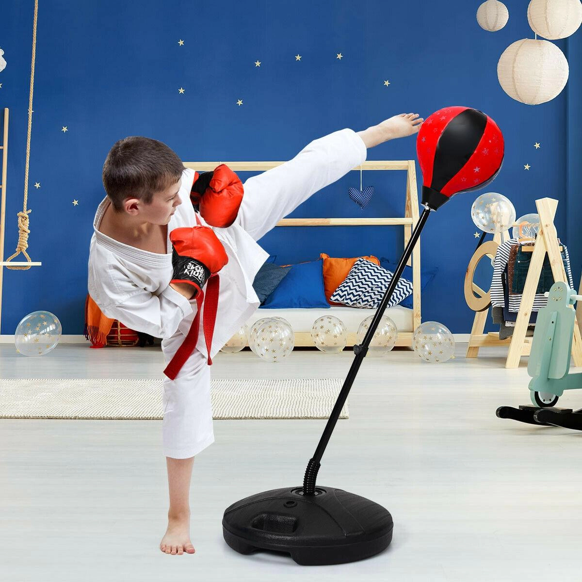 SUGIFT Adjustable Kids Stand Punching Bag Toy Set with Boxing Gloves 32-48.5-in Tall Ages 3+ Pink+White Black+Red