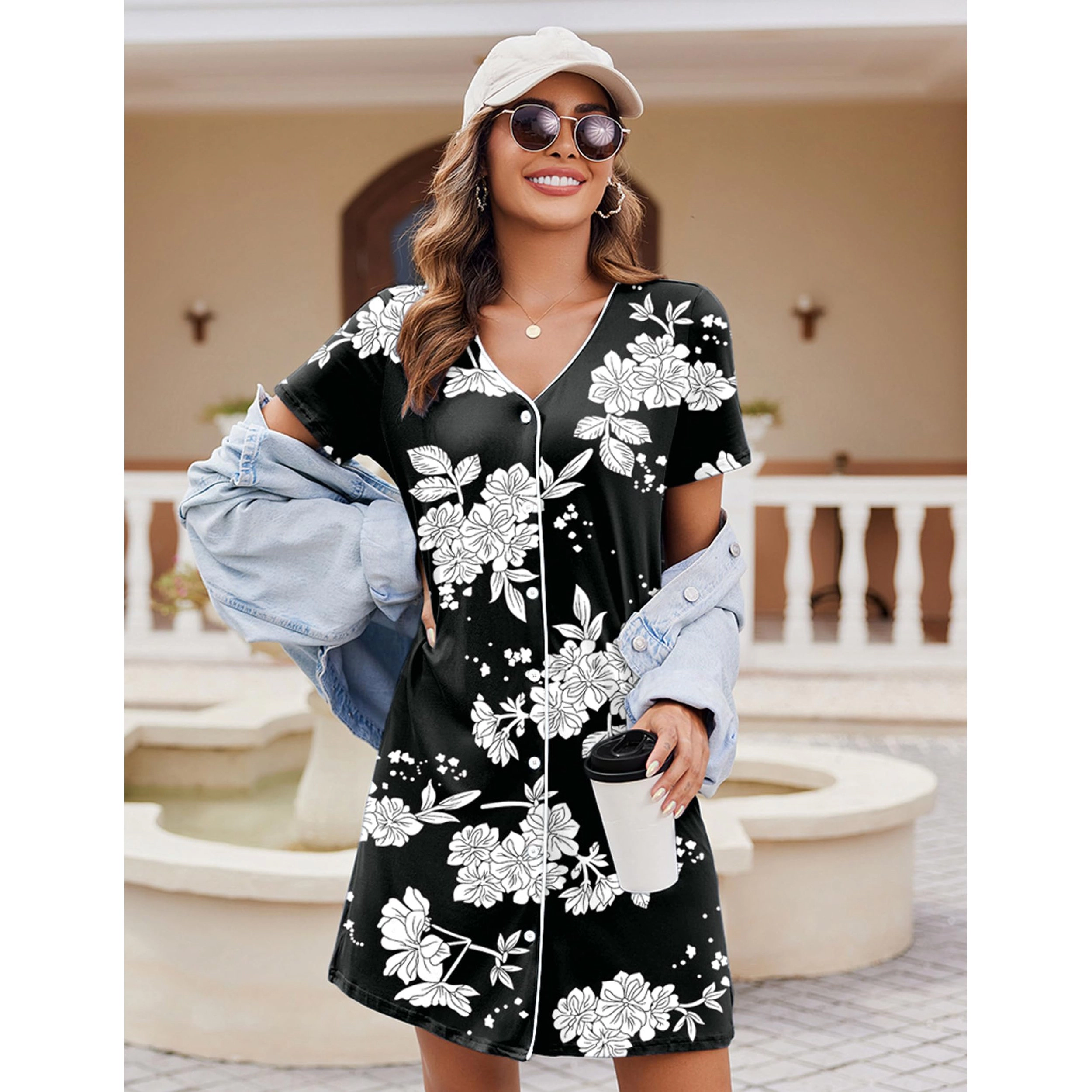 Ekouaer Womens Nightgown Button Down Nightshirt Short Sleeve Sleepshirt Soft V Neck Pajama Dress