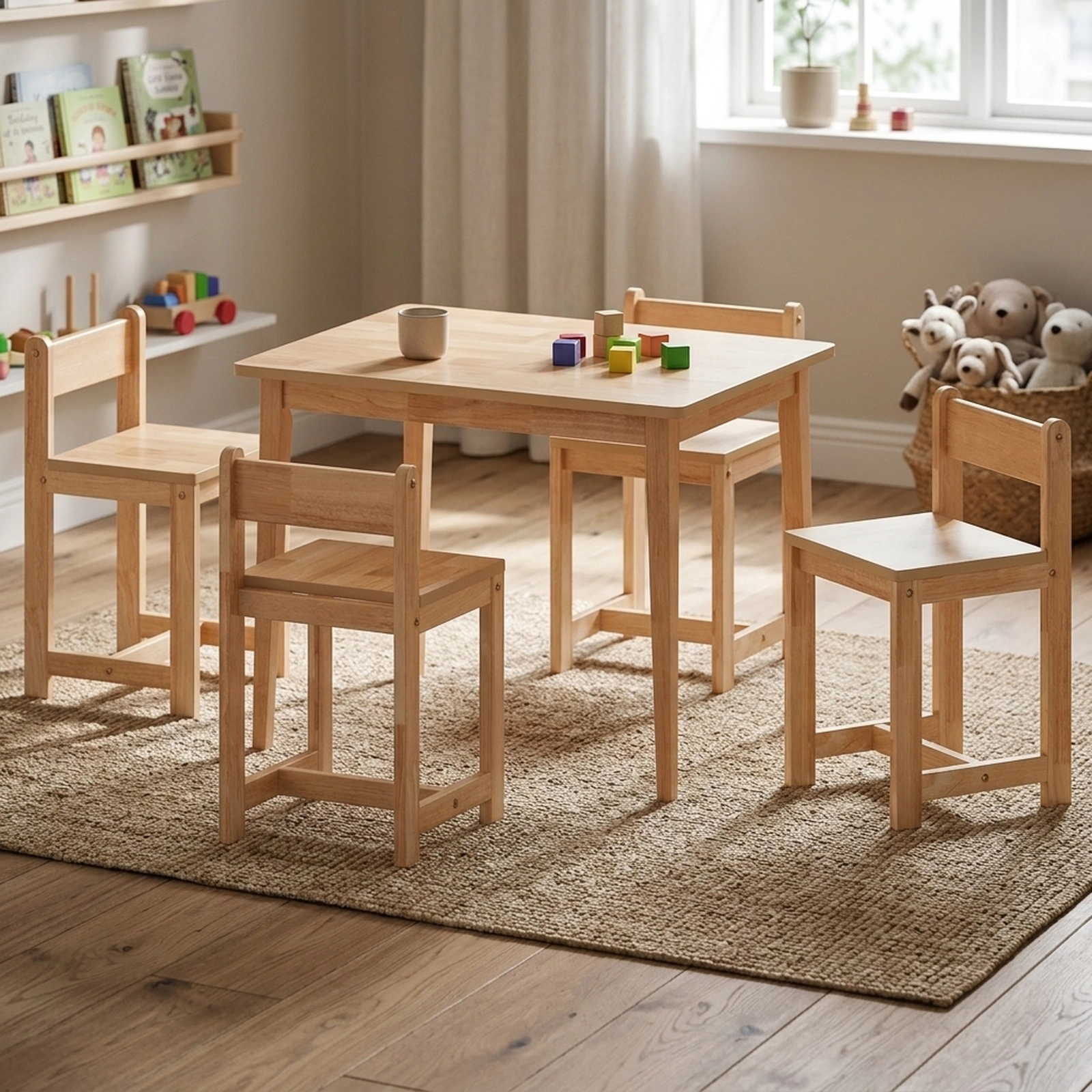 SUGIFT Kids Table and 4 Chairs Set, Natural Rubber Wood, 31.5-in Tabletop, 16-in Seats