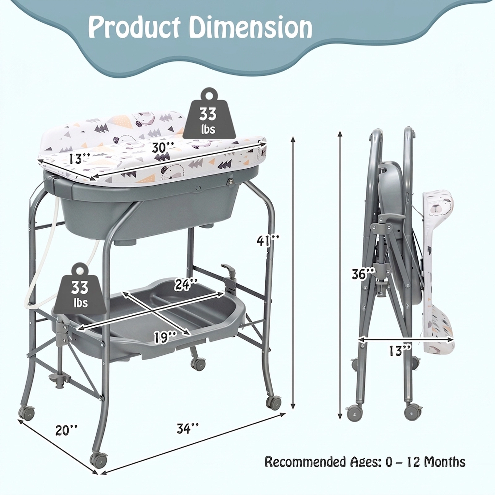 SUGIFT Portable Baby Changing Table with Storage Basket and Shelves 33-lb Bathtub Capacity Ages 0-12 Months Gray
