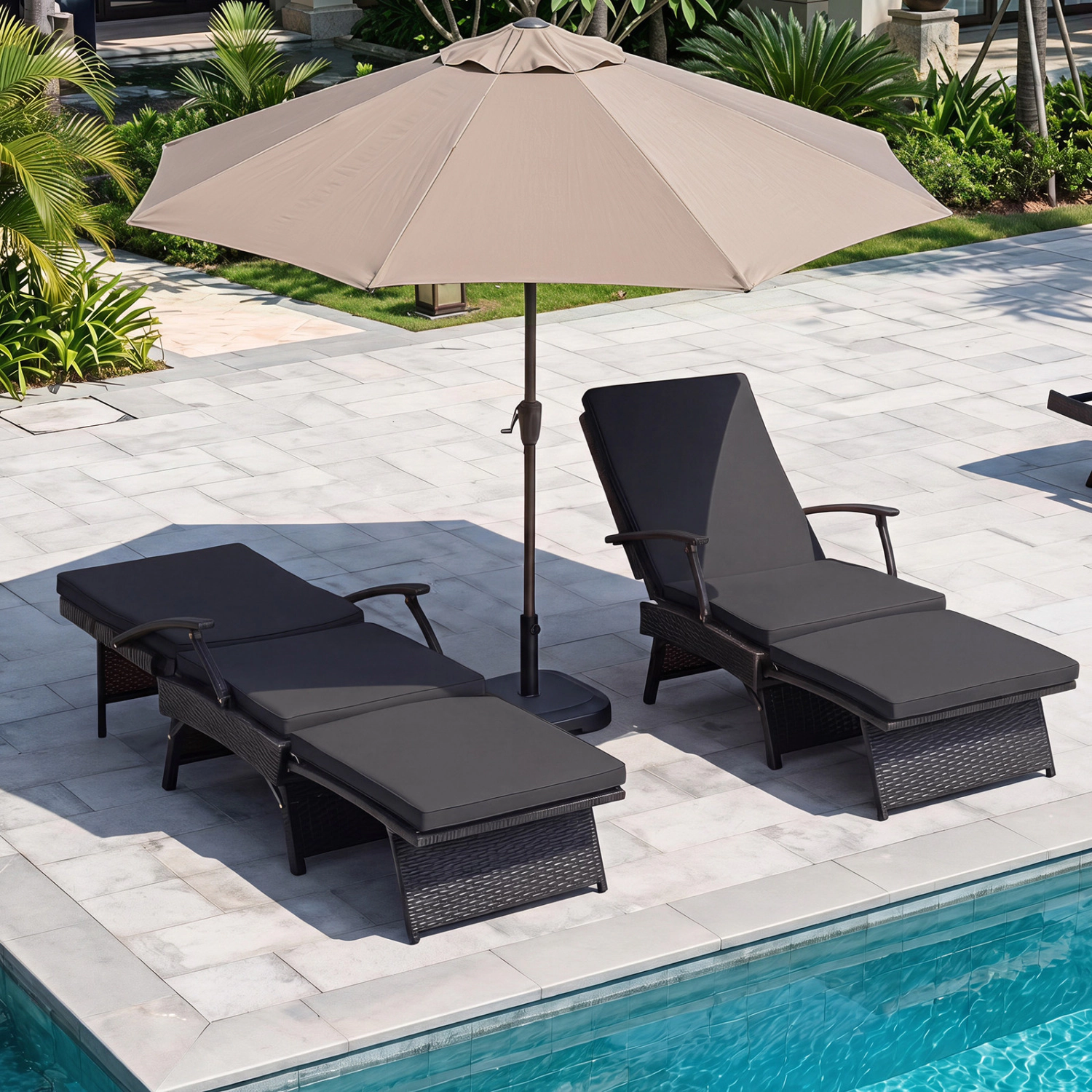 LJG Folding Wicker Chaise Lounge with Slide-Out Ottoman11-Level Adjustable Backrest to Flat and Sun-Proof PE Rattan