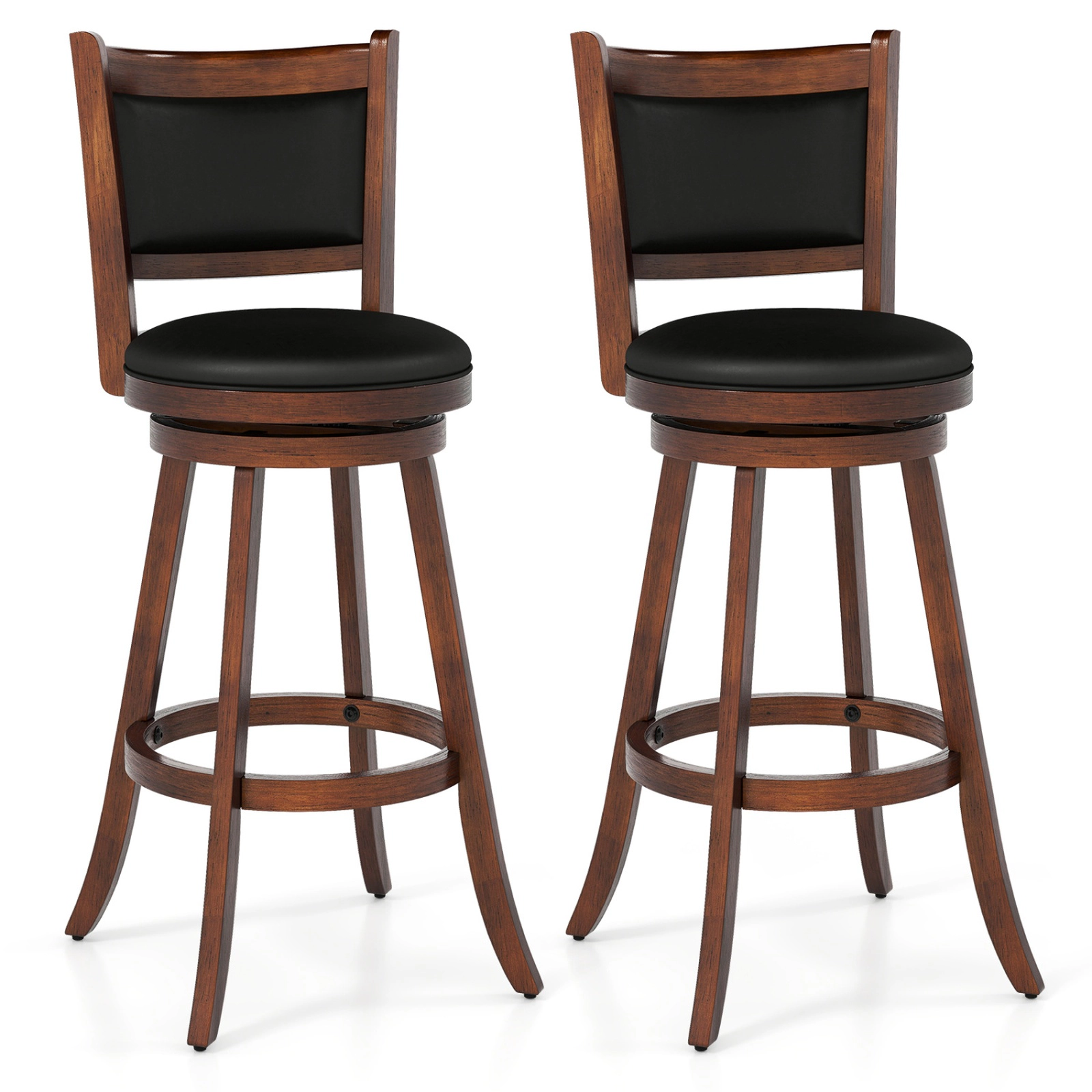SUGIFT Set of 2 29-Inch Swivel Bar Stools, Rubber Wood Frame, Cushioned PVC Seat, Panel Back