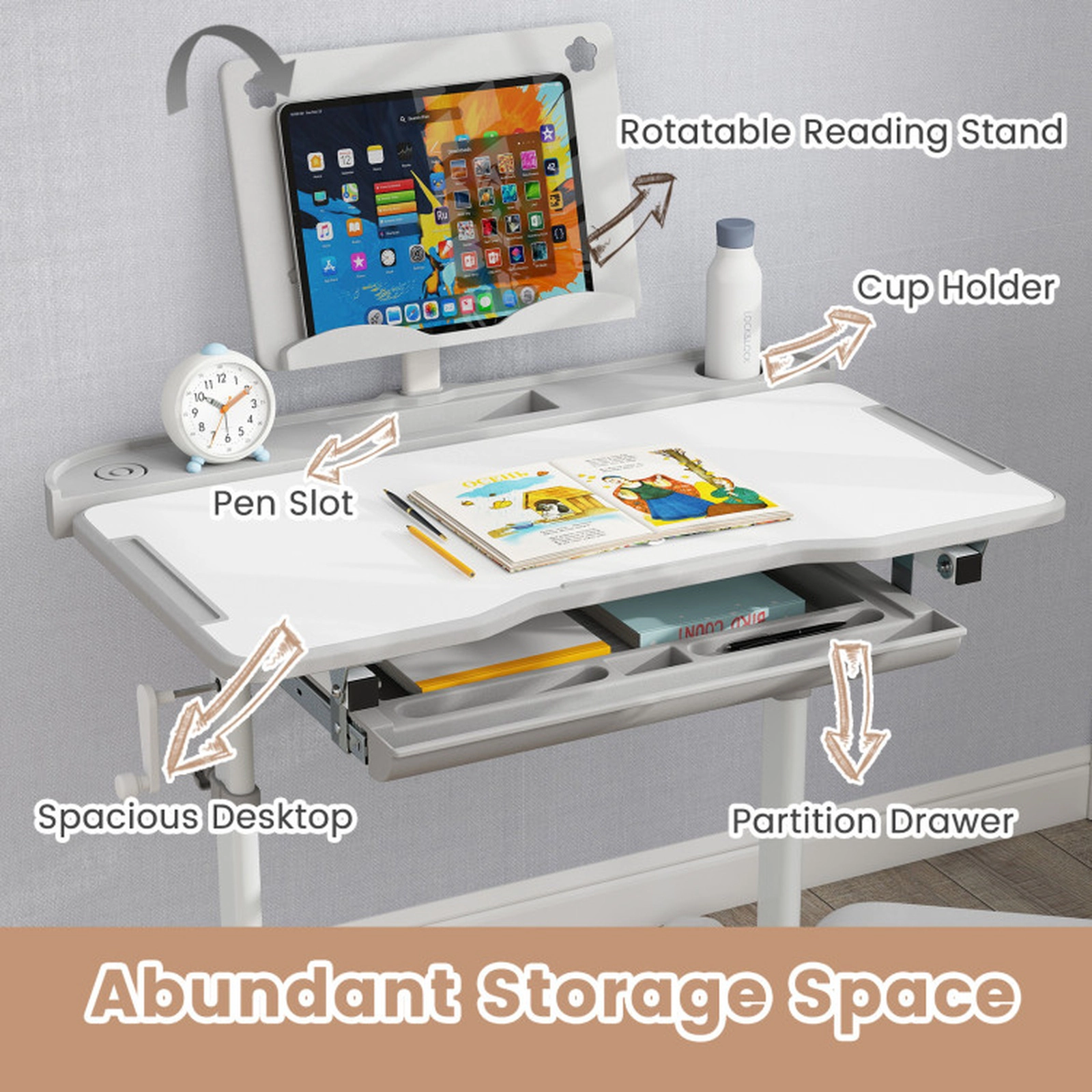 SUGIFT Gray Hand Crank Tilt Desktop and Book Stand Kids Study Desk and Chair Set