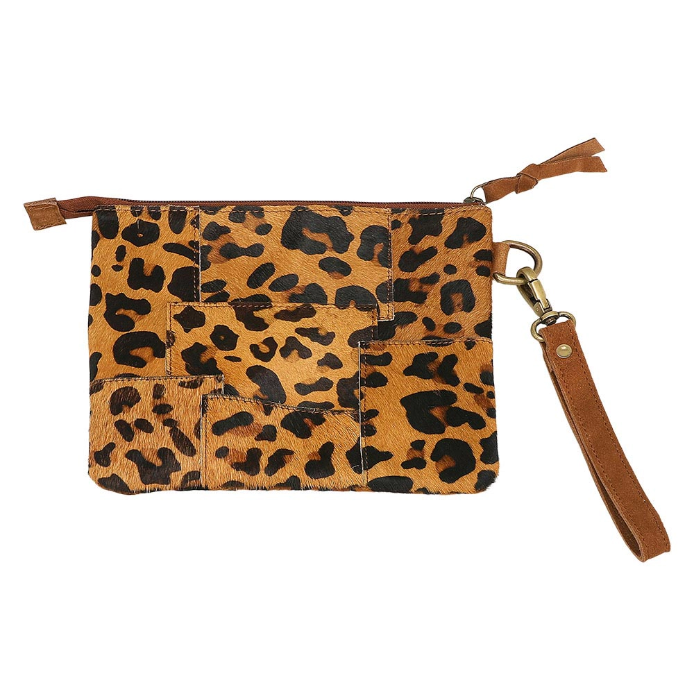Fashnzfab Genuine Leather Leopard Pattern Calf Fur Patchwork Wristlet Pouch Clutch Bag