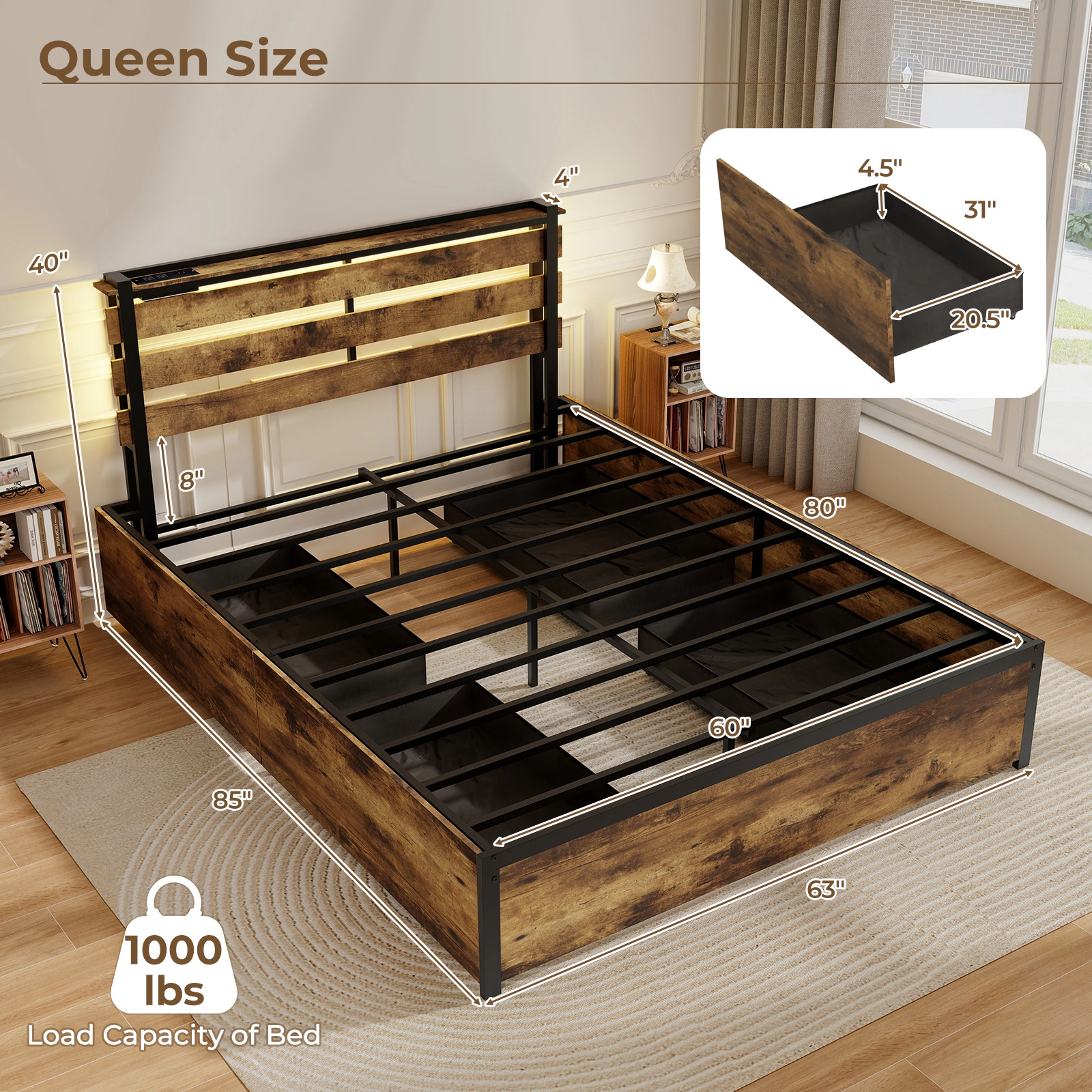 SUGIFT Queen Size 1000-lb Bed Capacity Bed Frame with 4 Drawers LED Lights and Charging Station Rustic Brown